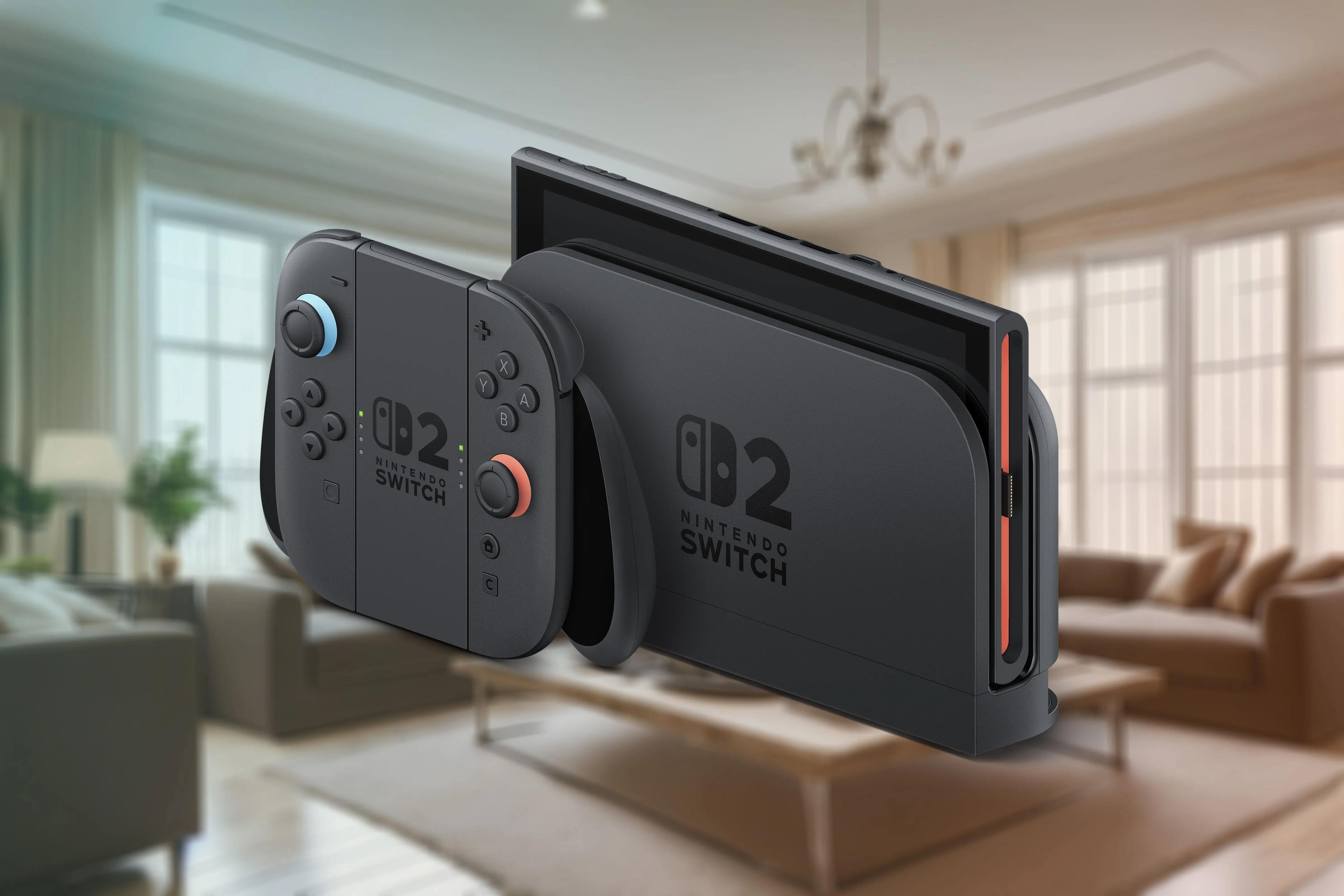 Hình ảnh console Nintendo Switch 2 đặt trong dock cùng hai tay cầm Joy-Con 2, với phông nền phòng khách hiện đại.
