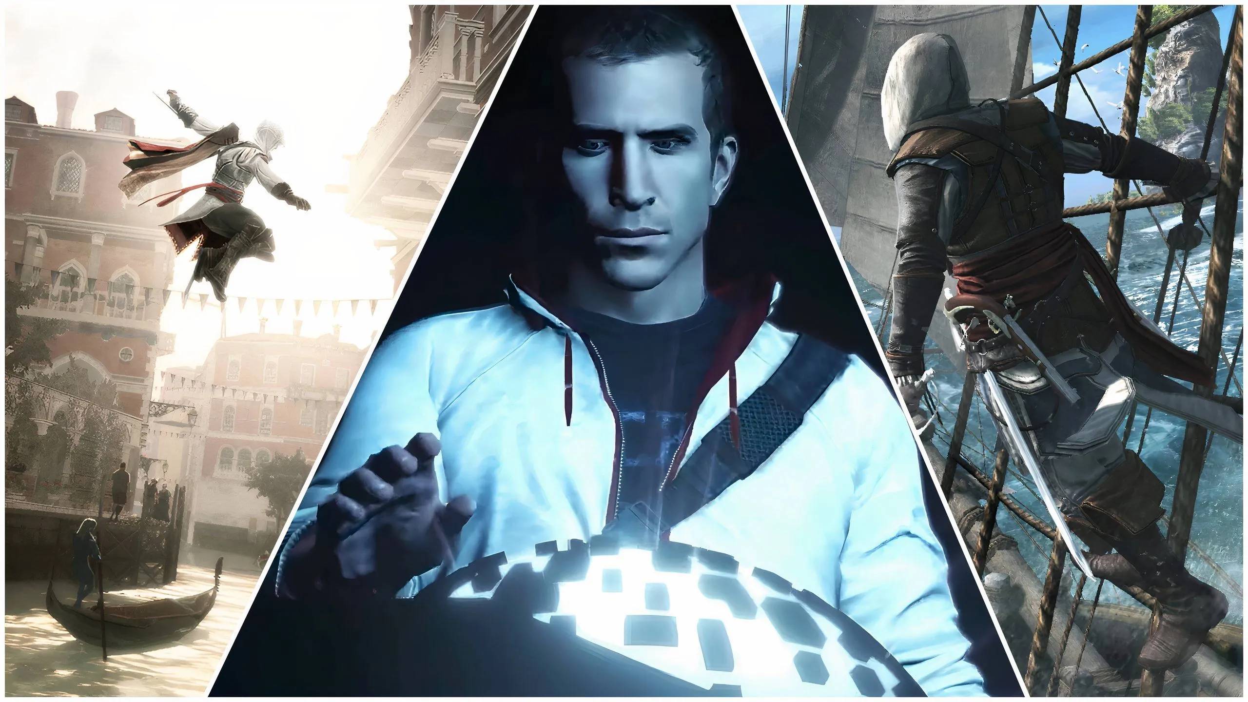 Hình ảnh của Ezio Auditore, Desmond Miles và Edward Kenway, các nhân vật chủ chốt trong Assassin's Creed.