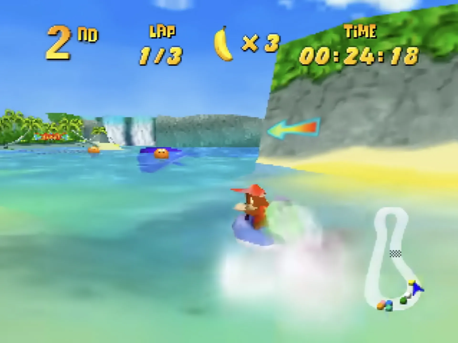 Hình ảnh game đua xe Diddy Kong Racing, nổi bật với các phương tiện và nhân vật hoạt hình.