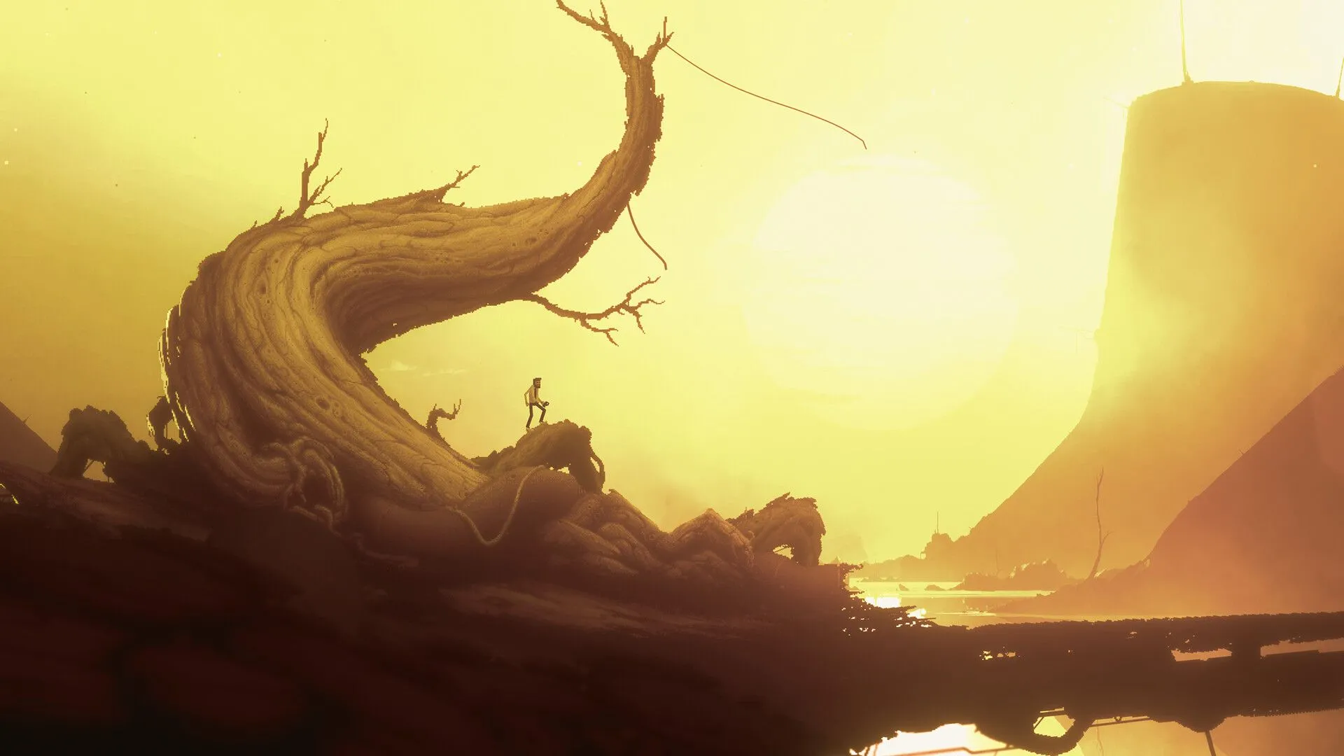 Hình ảnh game indie Bionic Bay với đồ họa ấn tượng và ánh nắng bình minh
