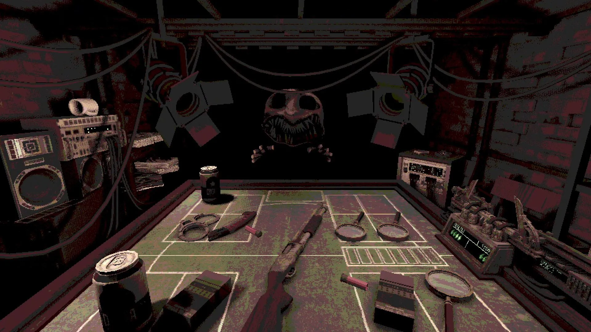 Hình ảnh game indie Buckshot Roulette với nhân vật đeo mặt nạ và khẩu súng trên bàn, thể hiện sự mới mẻ của game độc lập.