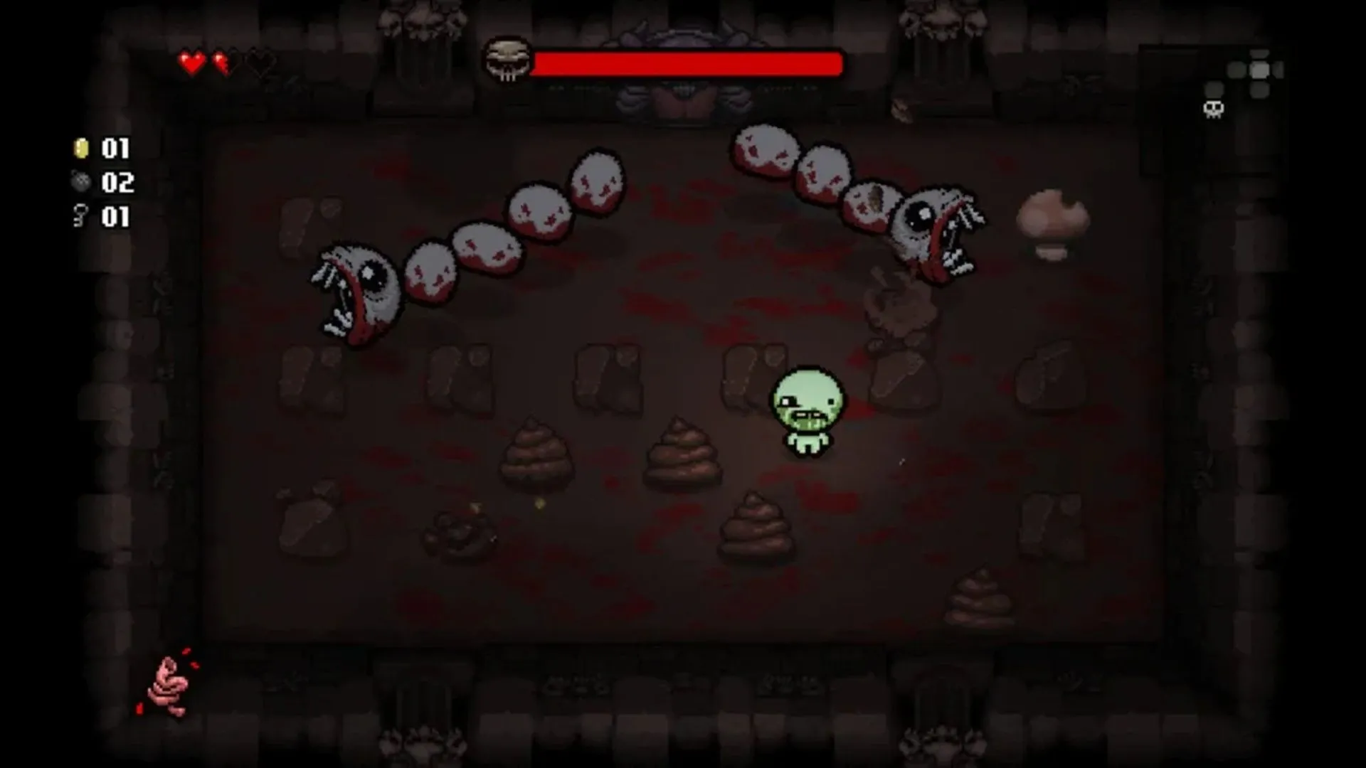 Hình ảnh gameplay của The Binding of Isaac Rebirth, thể hiện nhân vật Isaac trong hầm ngục đầy kẻ thù và vật phẩm đặc trưng.