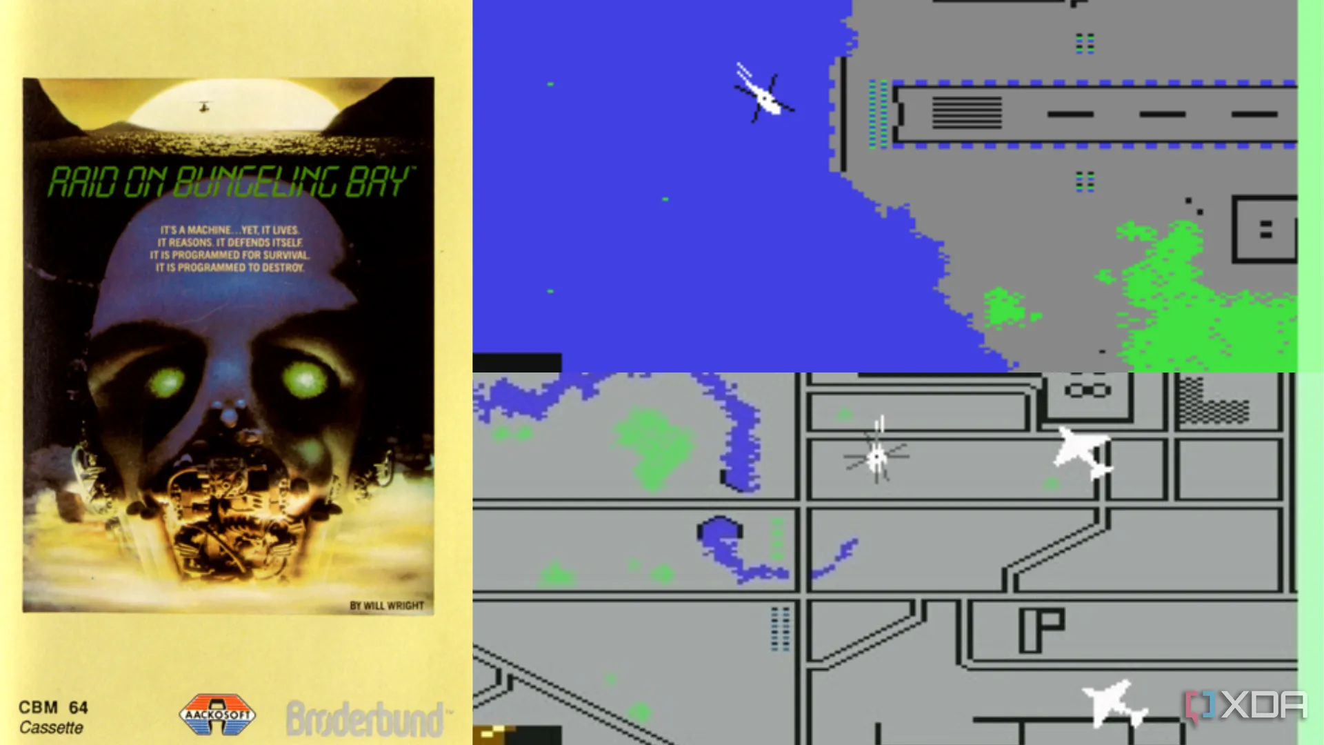 Hình ảnh gameplay và bìa game Raid on Bungeling Bay, tựa game khơi nguồn cảm hứng cho Will Wright.