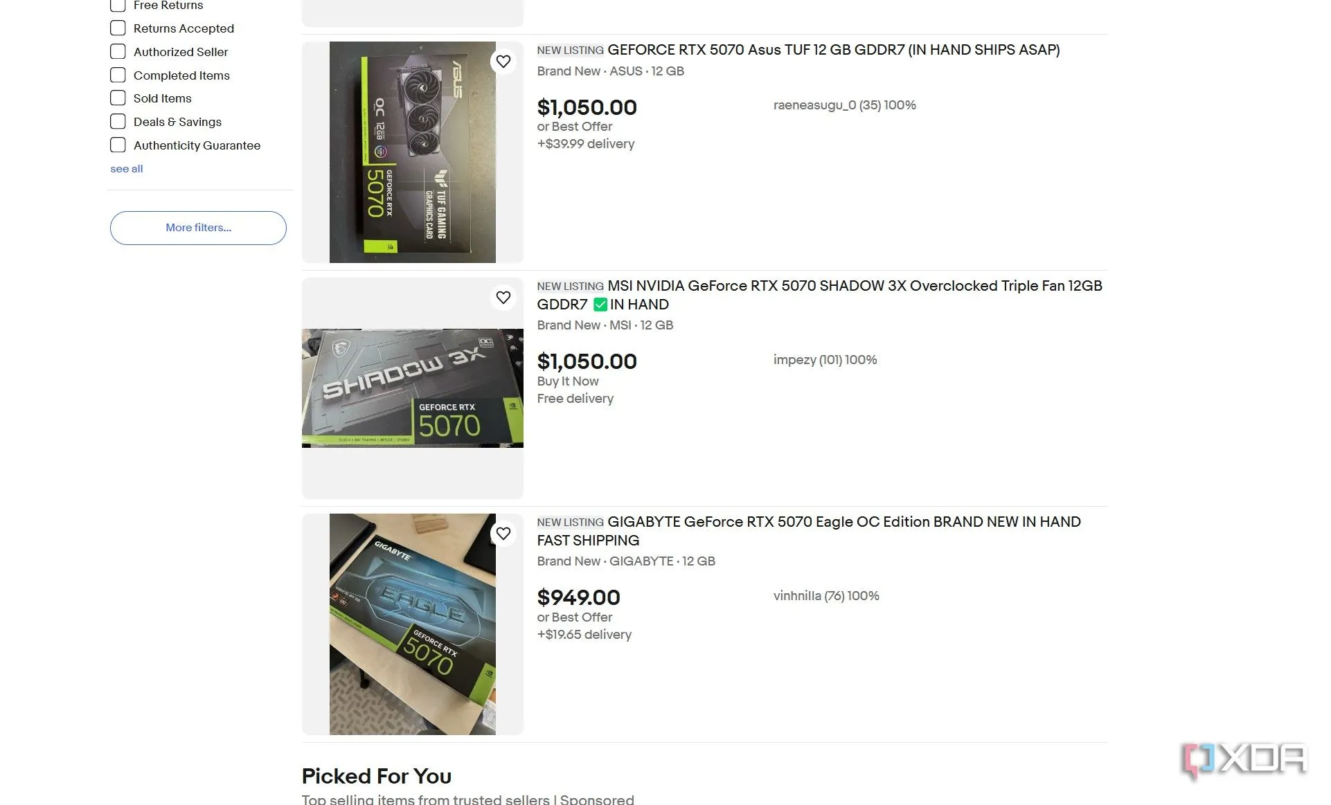 Hình ảnh giá bán card đồ họa Nvidia RTX 5070 bị đẩy lên cao trên eBay