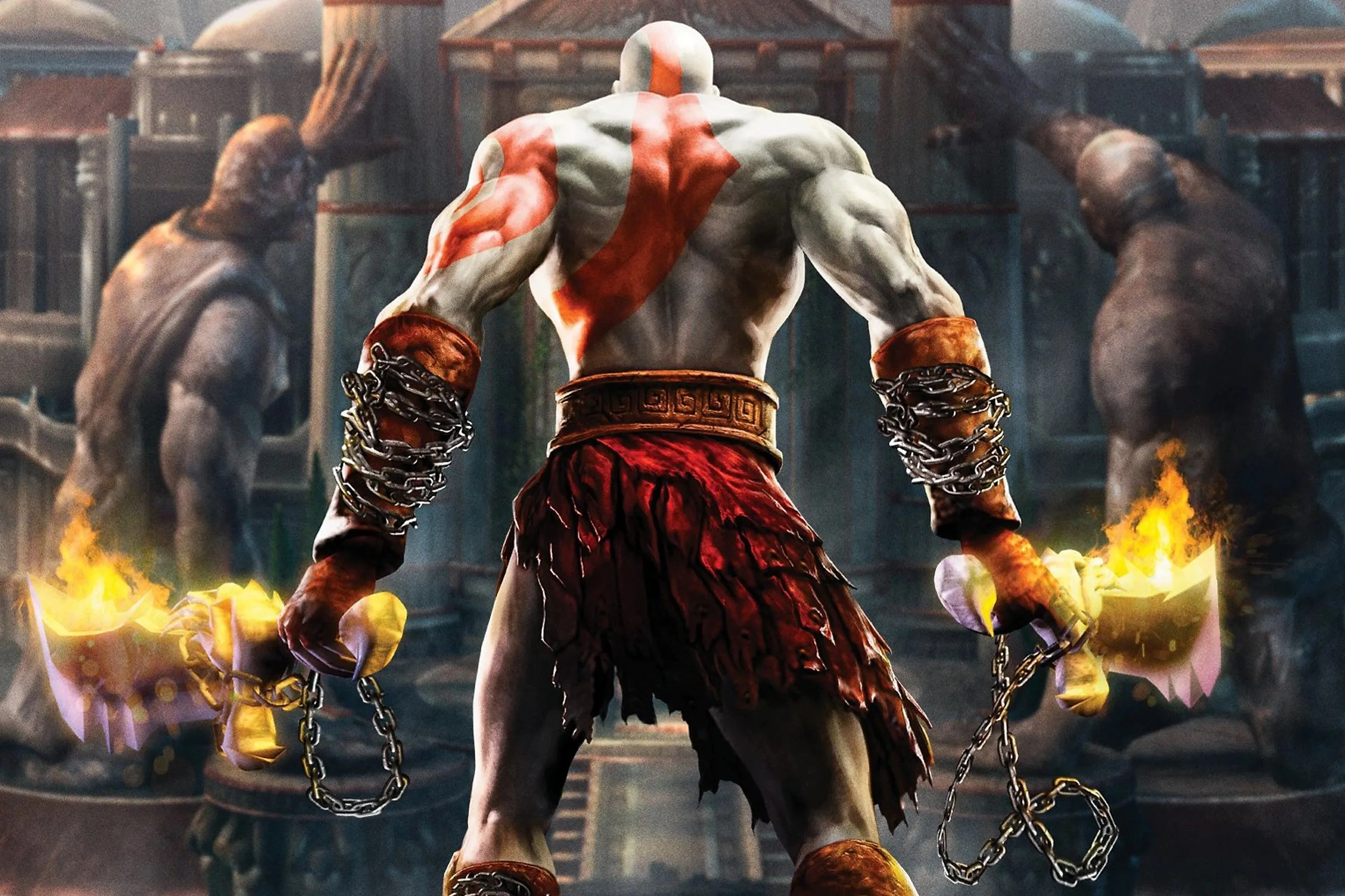 Hình ảnh Kratos, nhân vật chính của God of War II, cầm vũ khí đặc trưng của mình trong tư thế sẵn sàng chiến đấu.