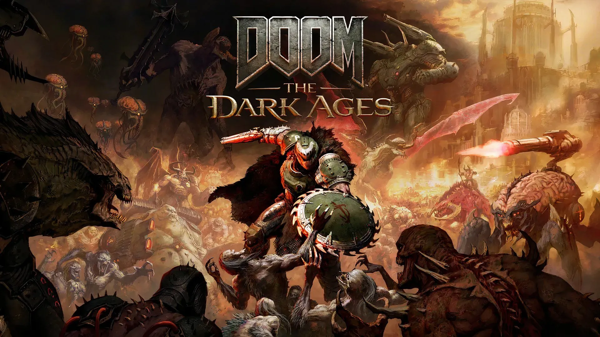 Hình ảnh logo game Doom: The Dark Ages với tông màu đen và đỏ, hé lộ bối cảnh thời trung cổ đầy ma quái. Đây là phiên bản tiếp theo được mong đợi của series Doom.