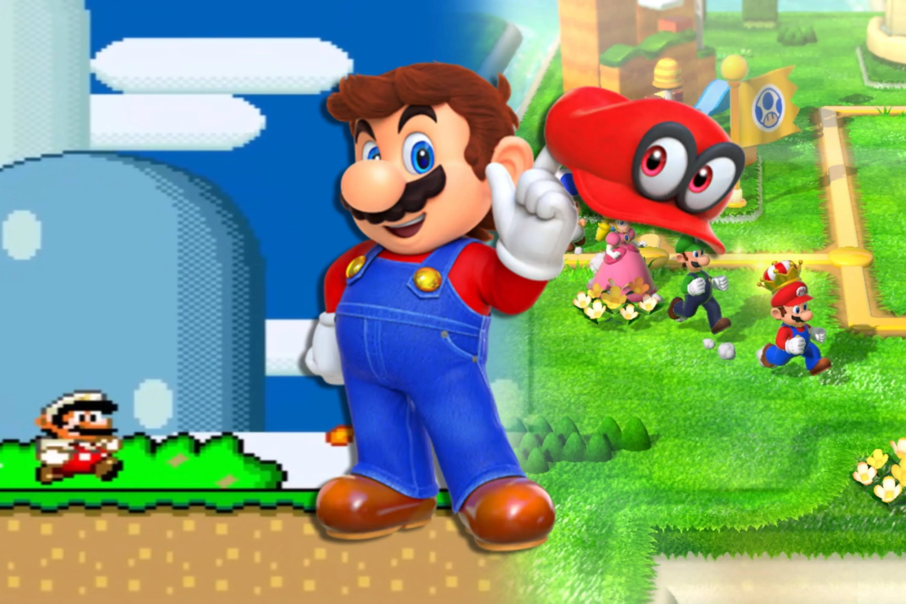Hình ảnh Mario trong Super Mario World, Super Mario 3D World và Super Mario Odyssey, những tựa game kinh điển thường xuất hiện trong các kỷ lục speedrun