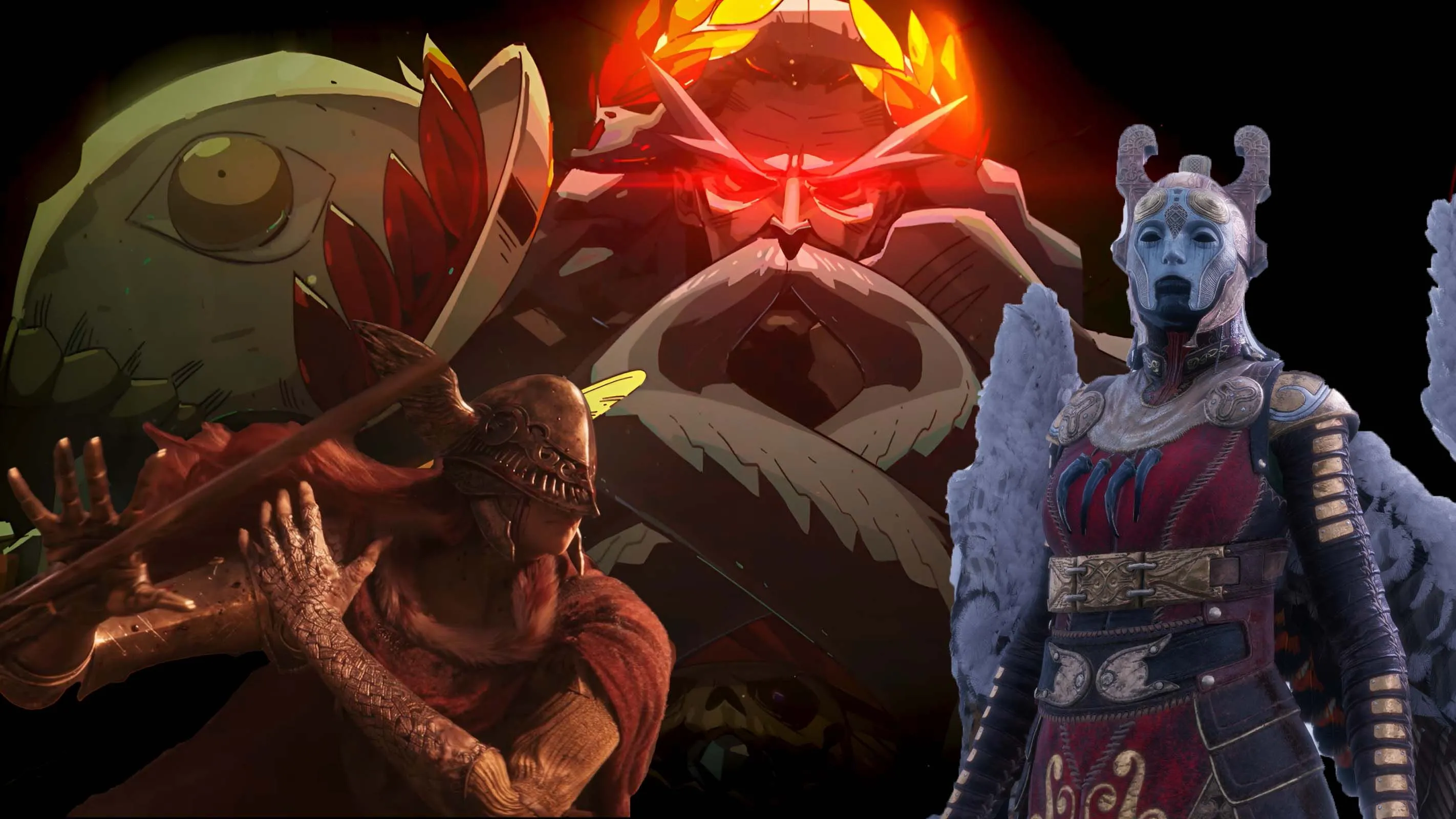 Hình ảnh minh họa các boss khó nhằn trong game, bao gồm Malenia từ Elden Ring, Hades từ Hades, và Sigrun từ God of War, đại diện cho những thử thách khắc nghiệt trong game Soulsborne và dòng game hành động.