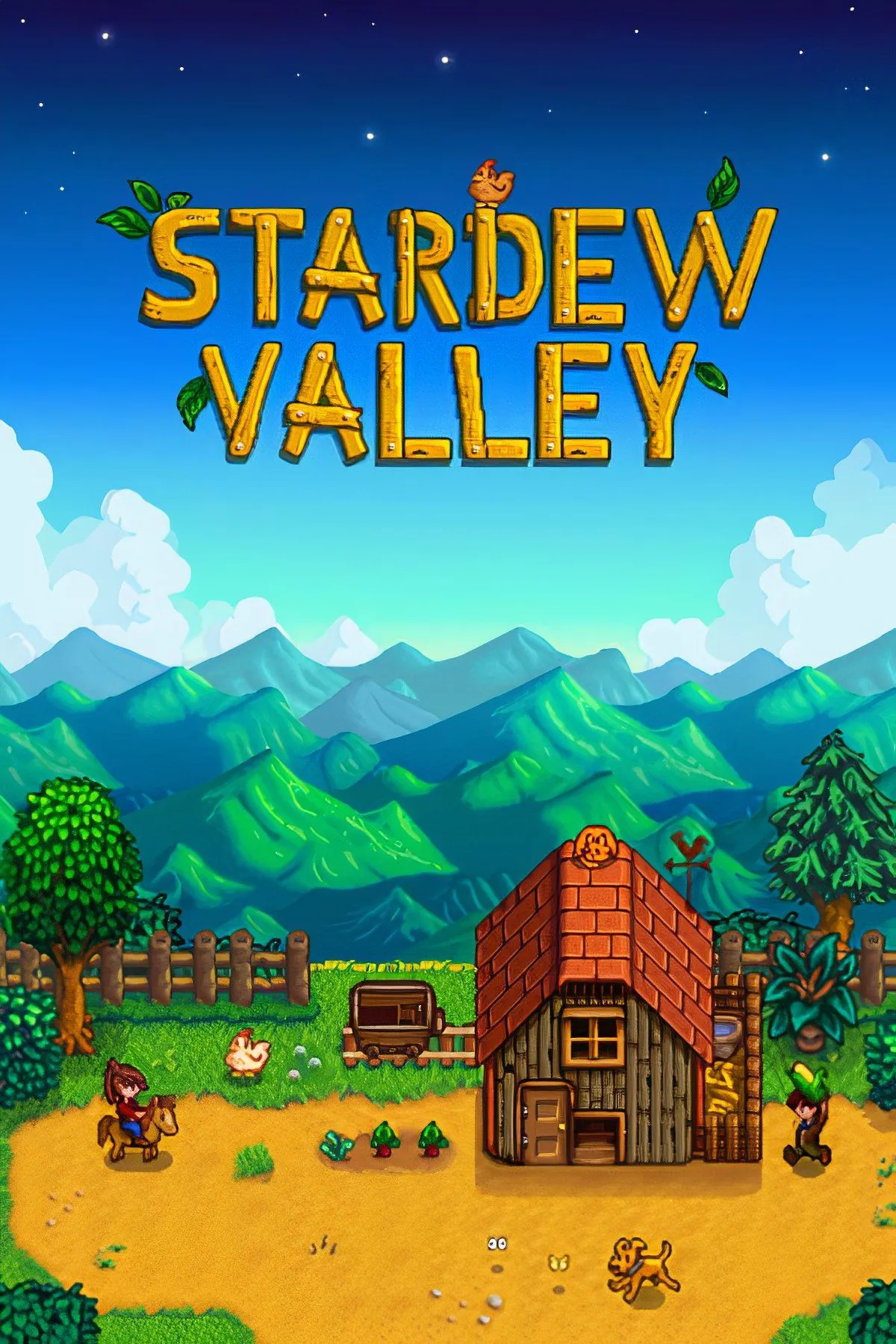 Hình ảnh minh họa game Stardew Valley, hiển thị một khung cảnh nông trại yên bình với các hoạt động trồng trọt, chăn nuôi và nhà cửa, thể hiện lối sống nông thôn.