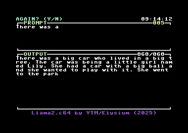 Hình ảnh mô phỏng quá trình suy luận (inference) của Llama2.c64 khi tạo ra một câu chuyện trên máy tính Commodore 64.