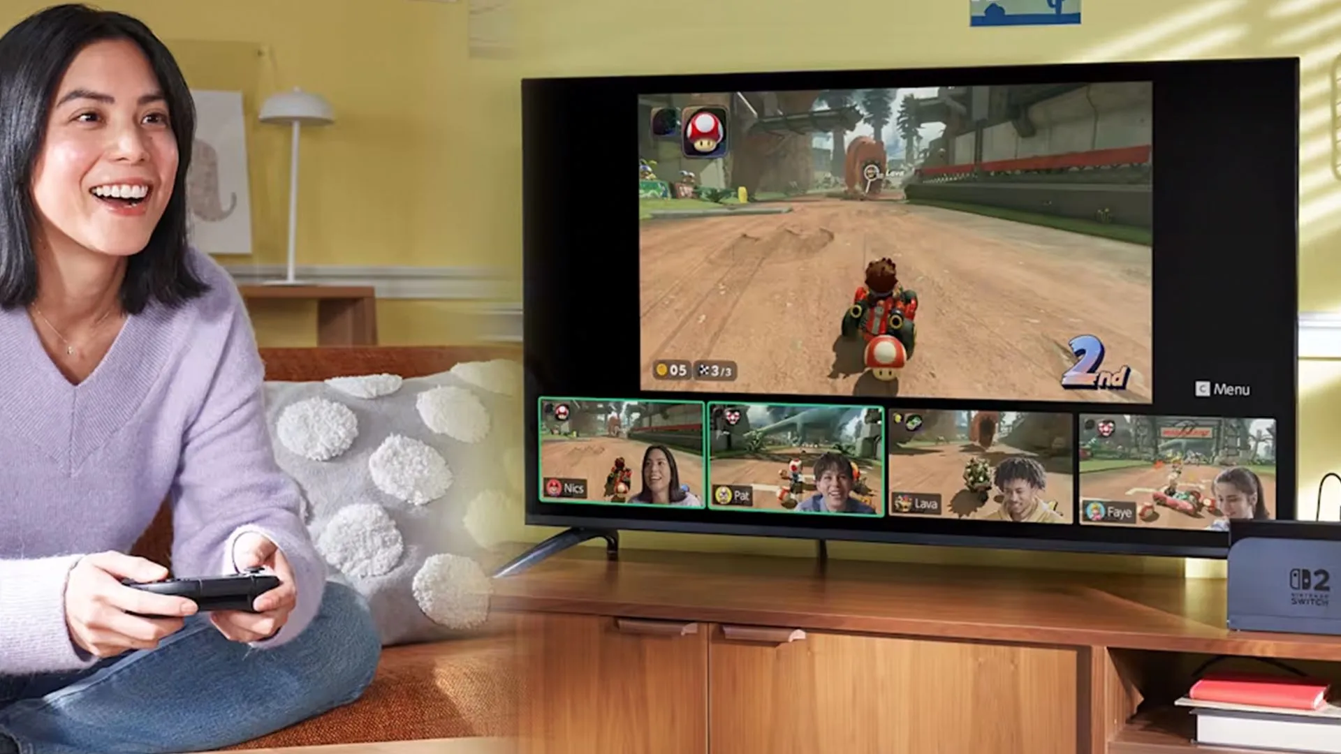 Hình ảnh một người chơi đang trải nghiệm Mario Kart World trên console Nintendo Switch 2.