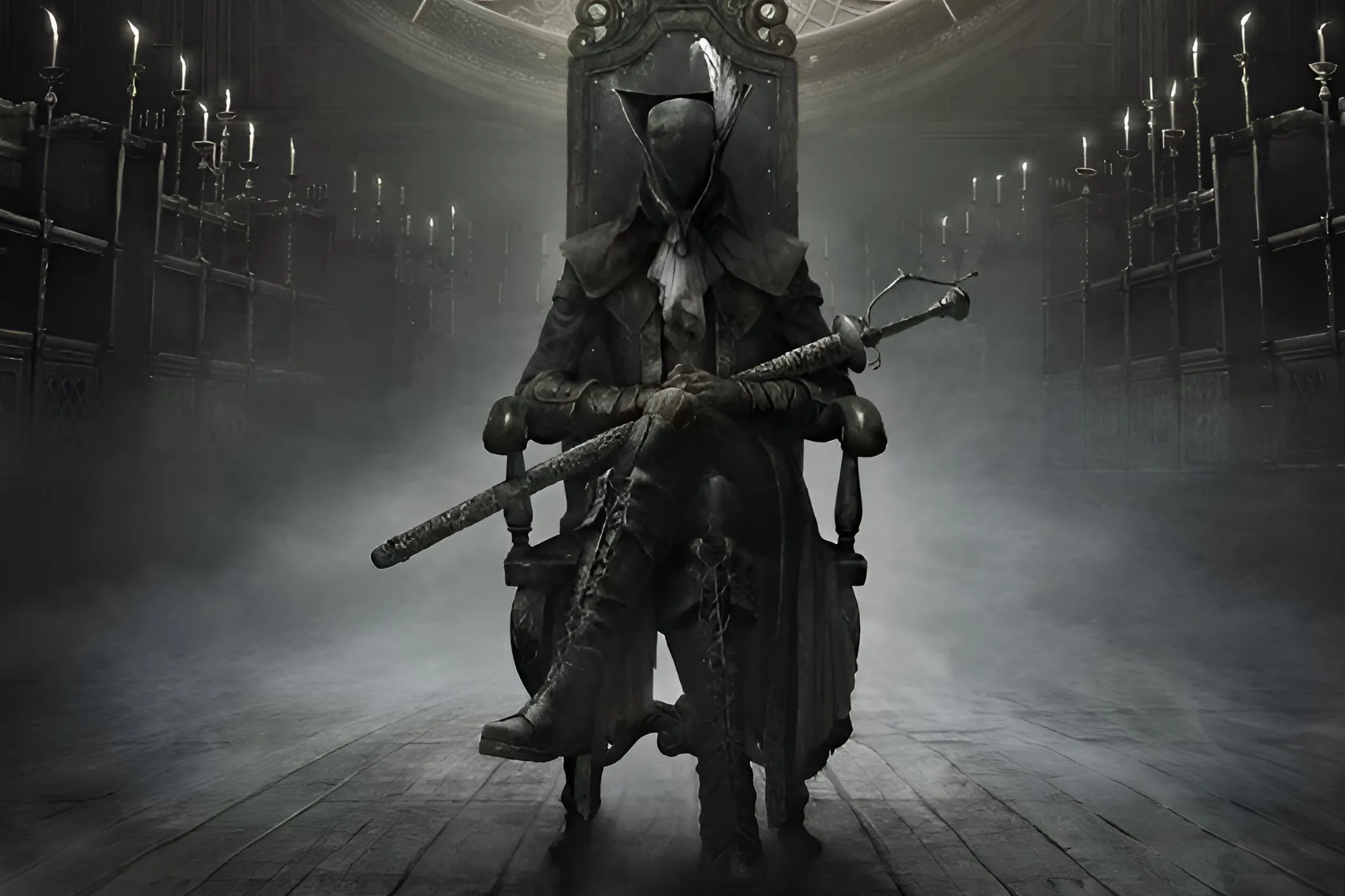 Hình ảnh một nhân vật bí ẩn trong Bloodborne, thể hiện bầu không khí và phong cách nghệ thuật đặc trưng của các tựa game FromSoftware.