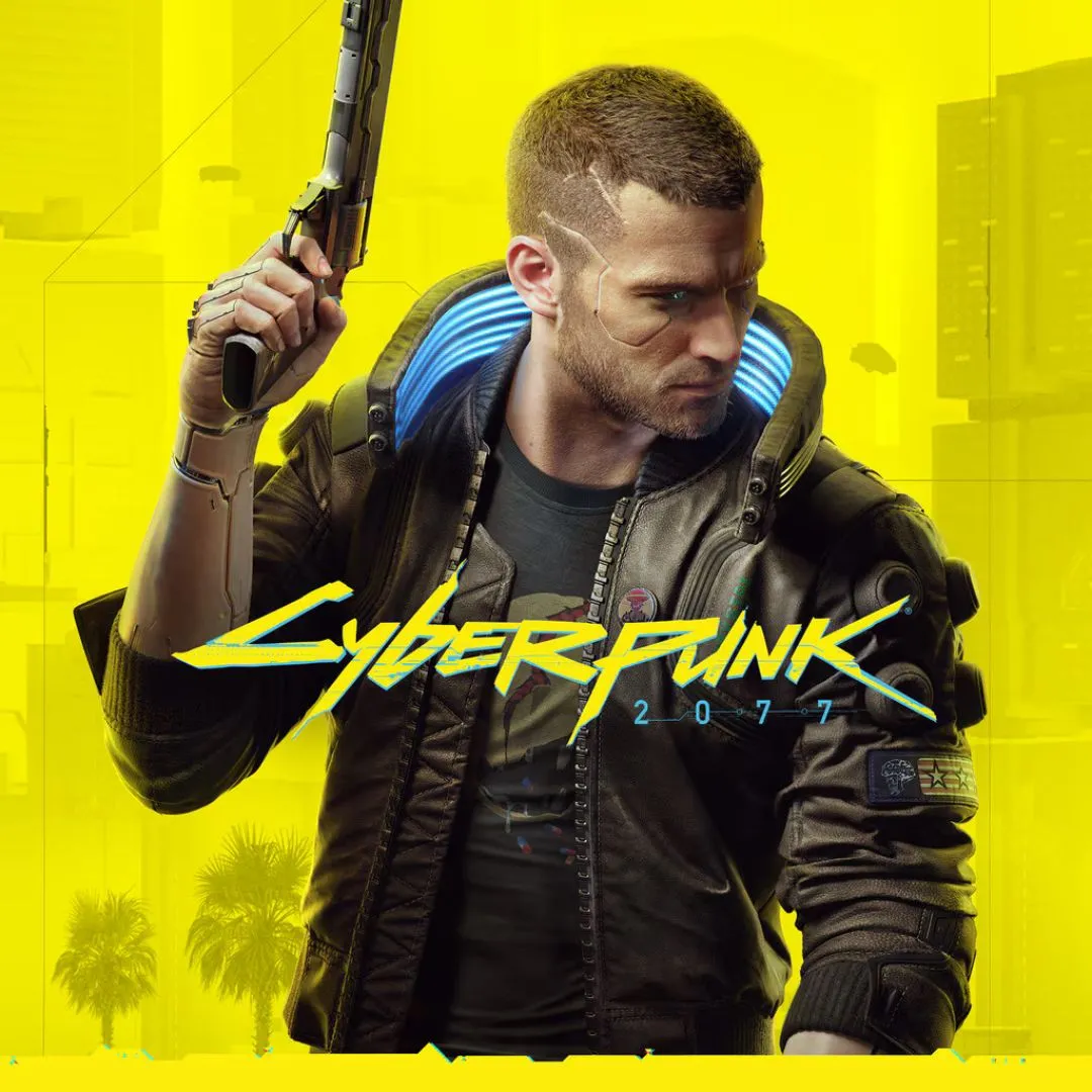 Hình ảnh nhân vật V với trang phục tương lai và khẩu súng trong Cyberpunk 2077, biểu tượng của Night City