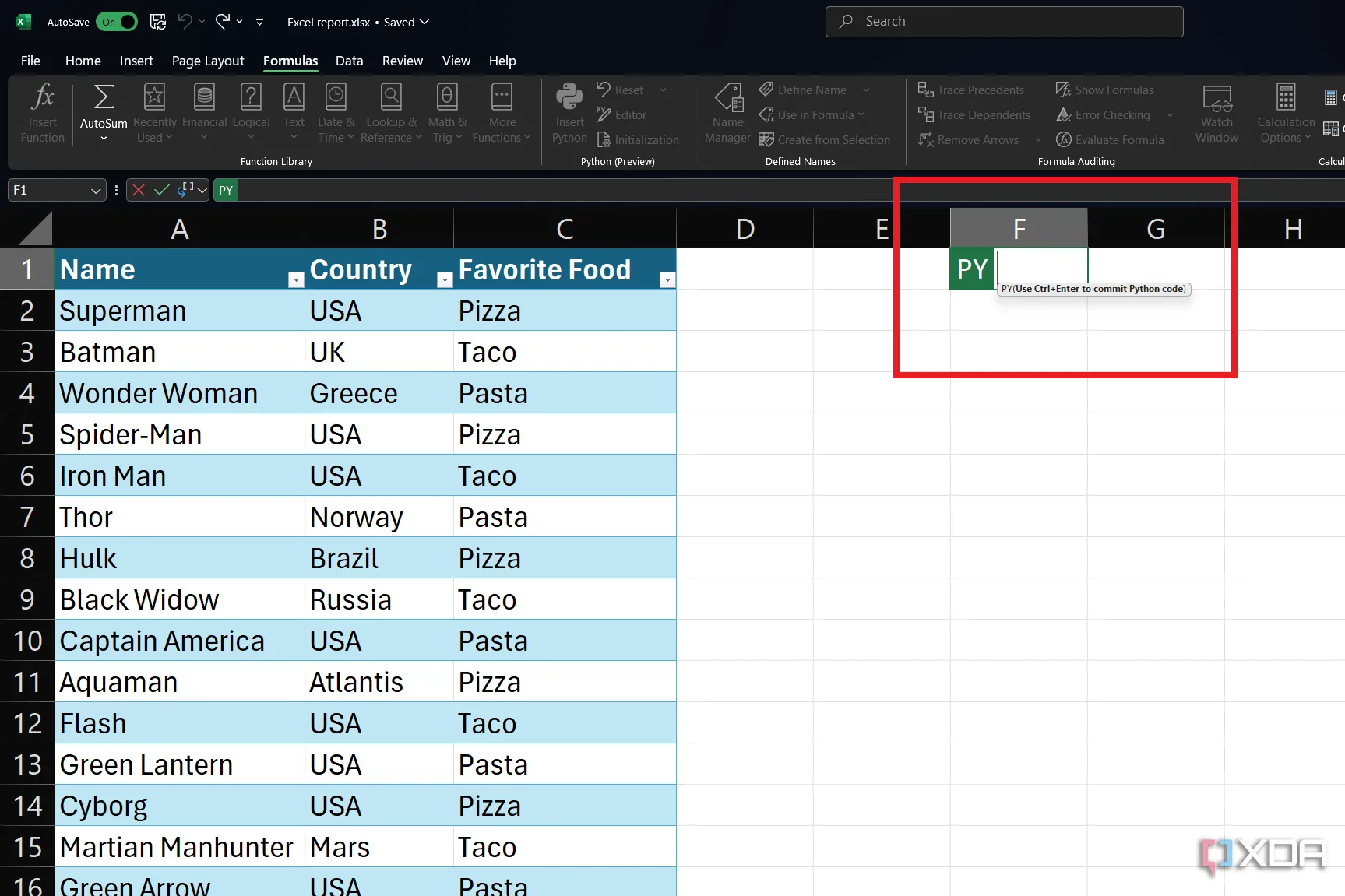 Hình ảnh ô Excel hiển thị kết quả từ hàm Python