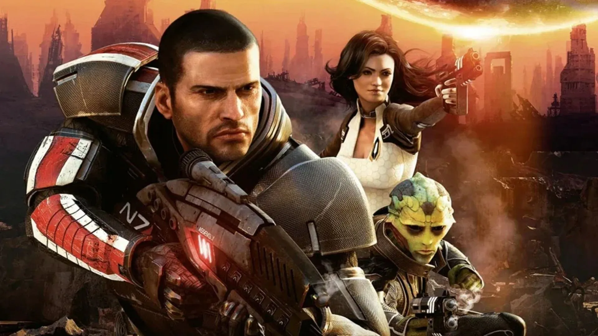 Hình ảnh quảng bá cho game Mass Effect 2 với Commander Shepard và đồng đội