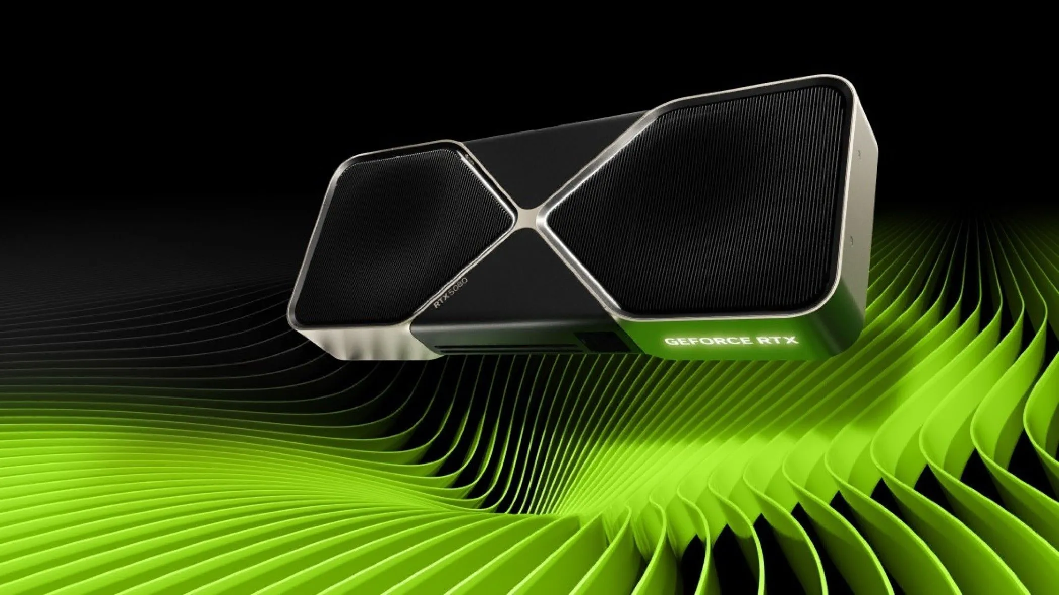 Hình ảnh render GPU RTX 5080 trên nền xanh, đại diện cho các sản phẩm linh kiện PC thường xuyên gặp tình trạng &quot;paper launch&quot; và khan hàng