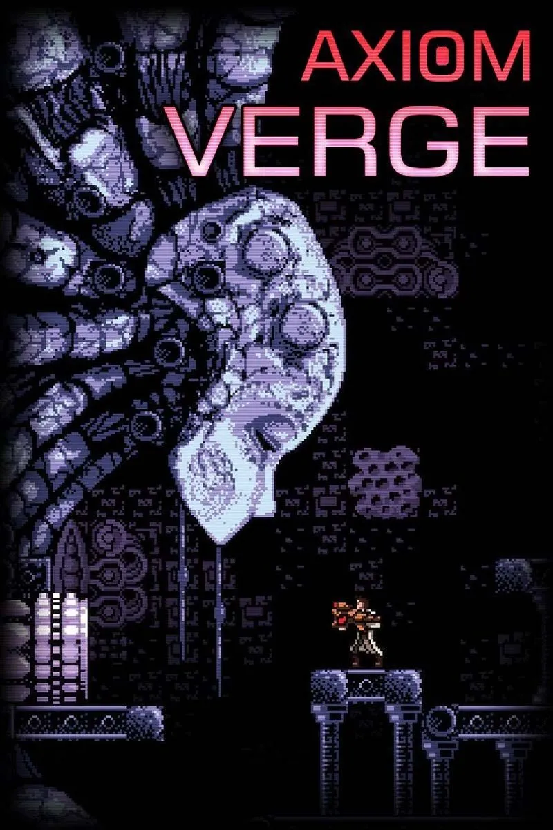 Hình ảnh tiêu đề game Axiom Verge, hiển thị nhân vật chính trong một môi trường khoa học viễn tưởng với các yếu tố lỗi đồ họa đặc trưng của game.