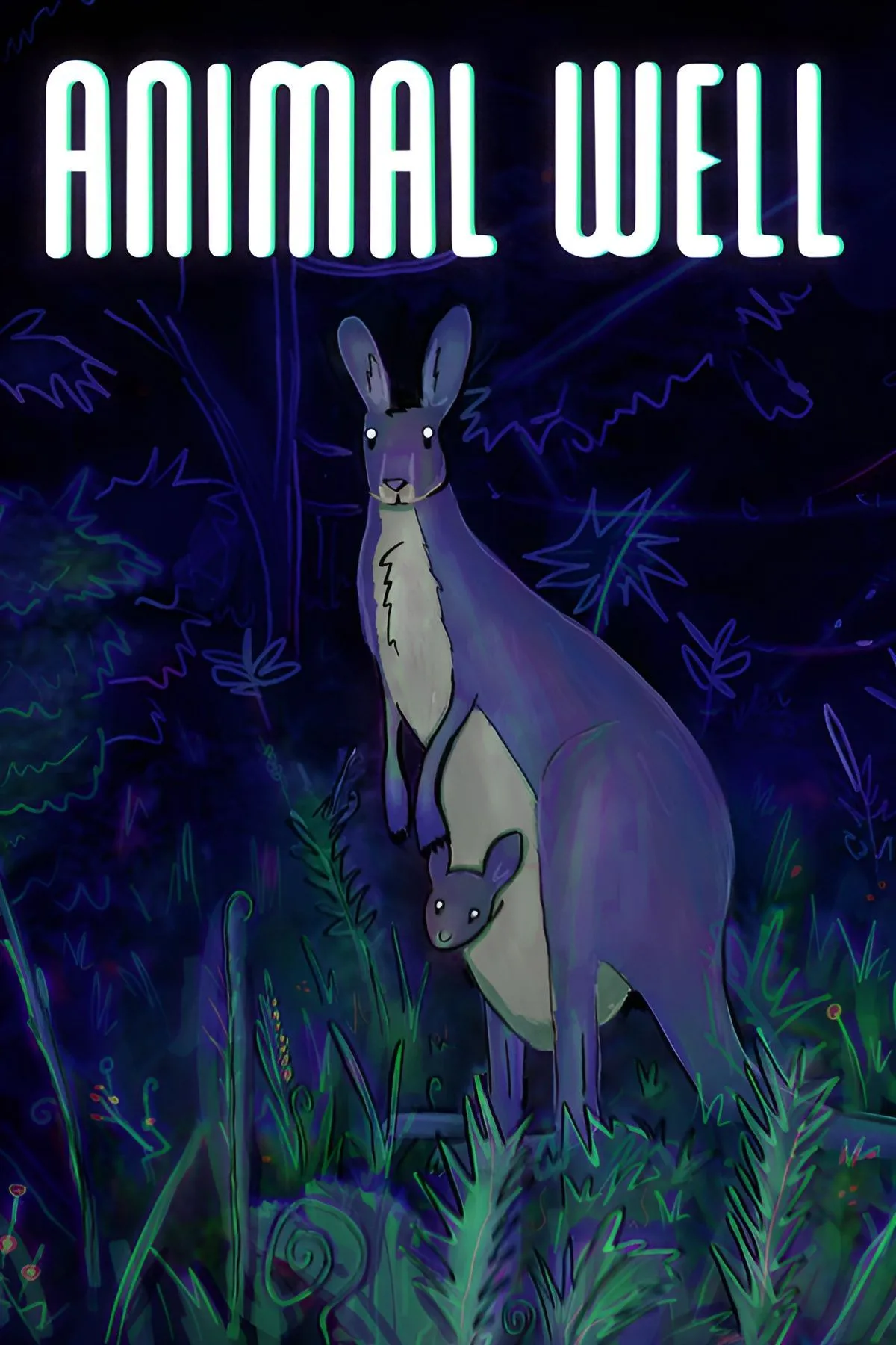 Hình ảnh tĩnh từ game Animal Well, hiển thị nhân vật đang di chuyển trong một môi trường tối tăm, nhiều cây cối với đồ họa pixel art.