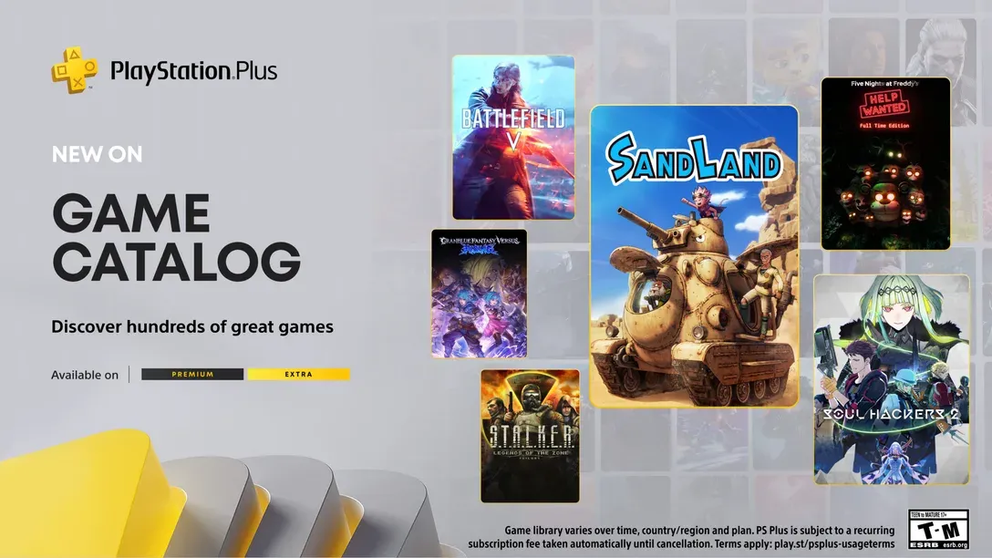 Hình ảnh tổng hợp các tựa game nổi bật trên PlayStation Plus tháng 5 như Sand Land, Five Nights at Freddy's và Battlefield V