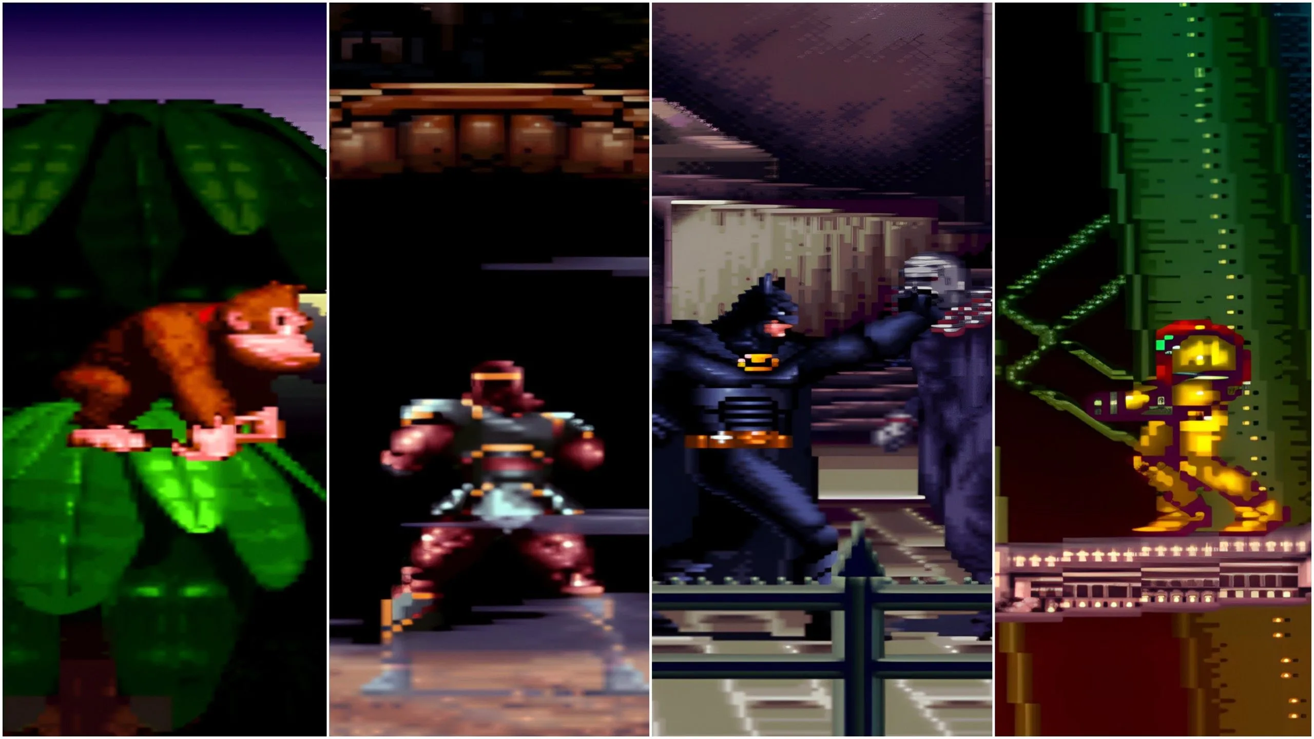 Hình ảnh tổng hợp các tựa game SNES kinh điển, đại diện cho kỷ nguyên vàng của game đối kháng và hành động đi cảnh.