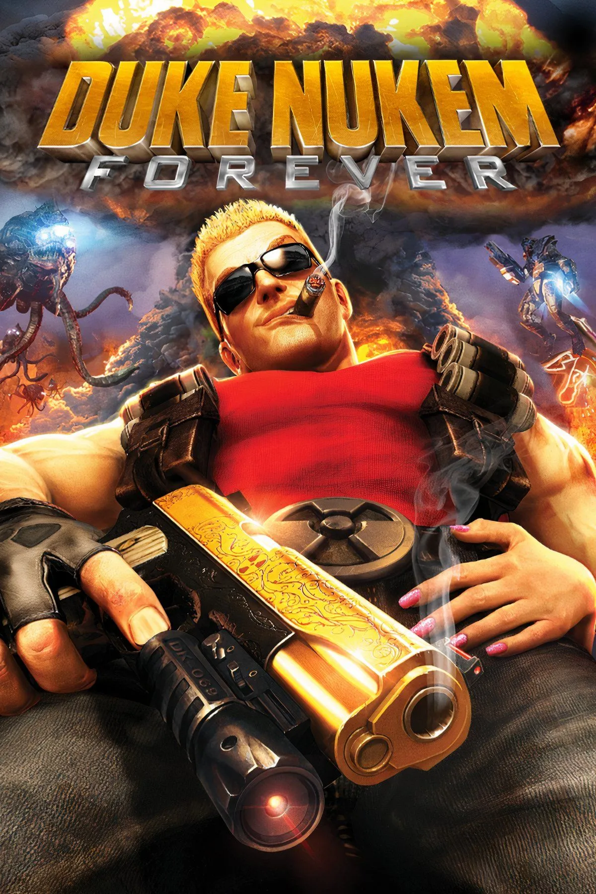 Hình ảnh tổng hợp Duke Nukem Forever, với nhân vật Duke Nukem trong các cảnh hành động và môi trường game, phản ánh sự lỗi thời của tựa game.