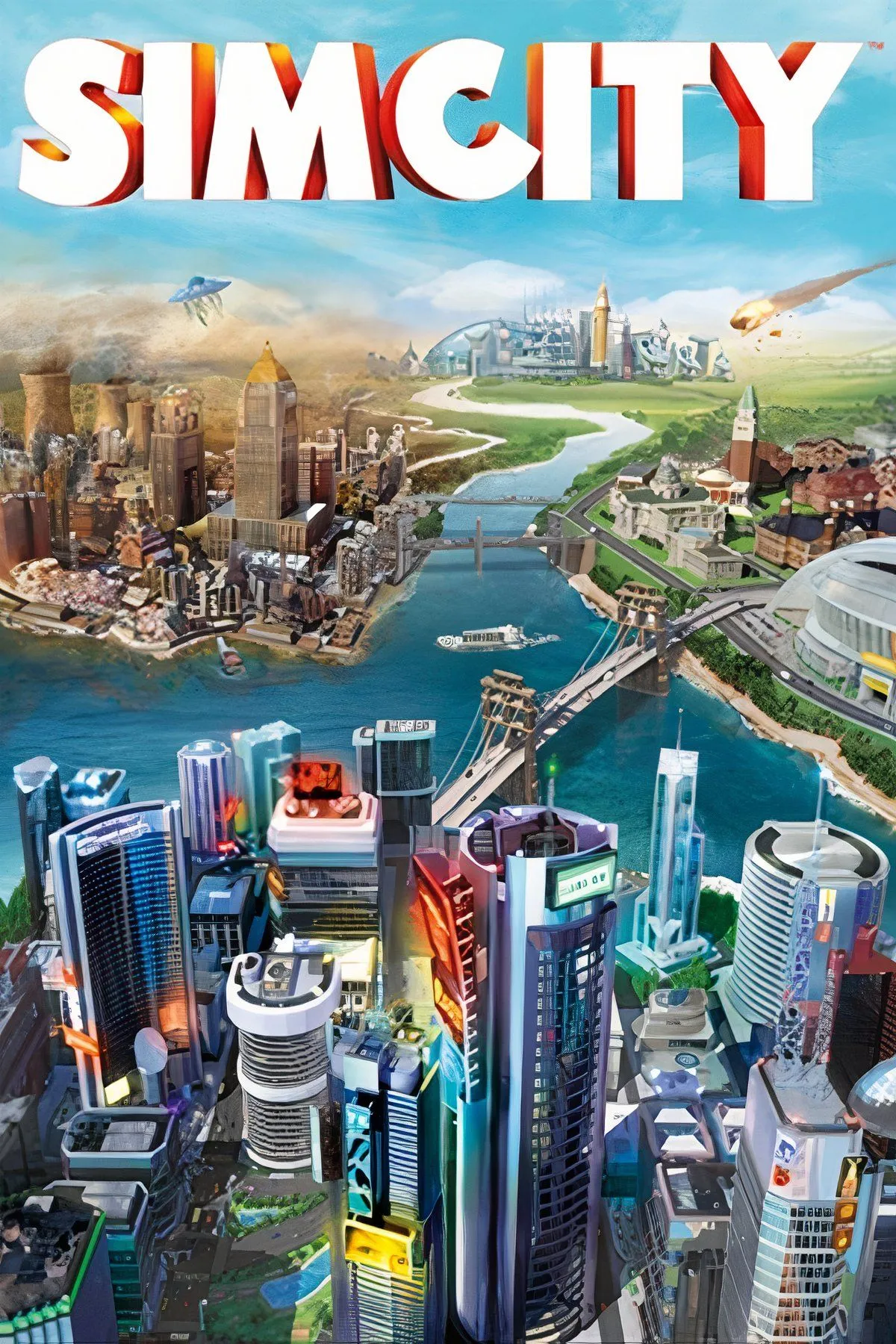 Hình ảnh tổng hợp gameplay SimCity 2013, với các công trình đô thị và giao diện người dùng, minh họa trải nghiệm xây dựng thành phố.