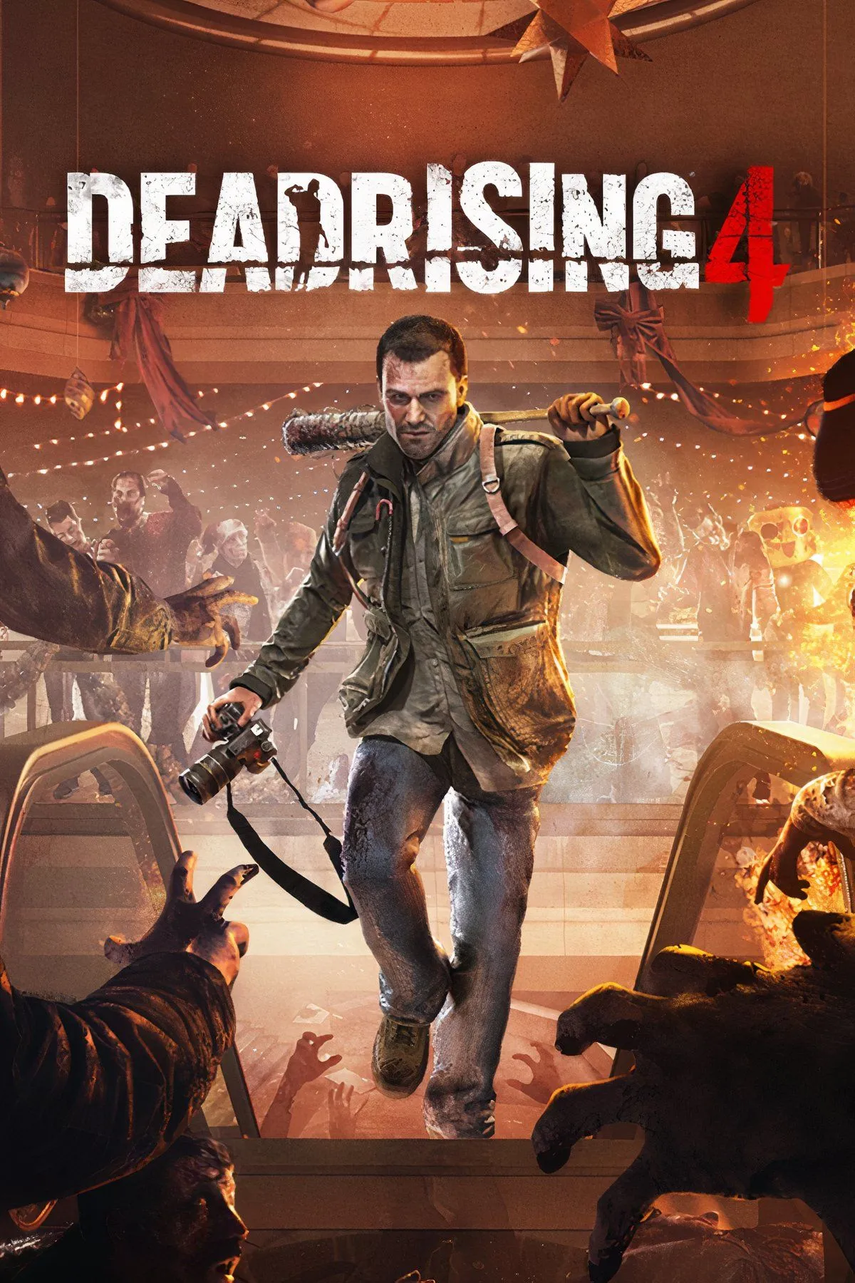 Hình ảnh từ Dead Rising 4, với nhân vật Frank West chiến đấu giữa bầy zombie trong bối cảnh Giáng Sinh, minh họa lối chơi hành động.