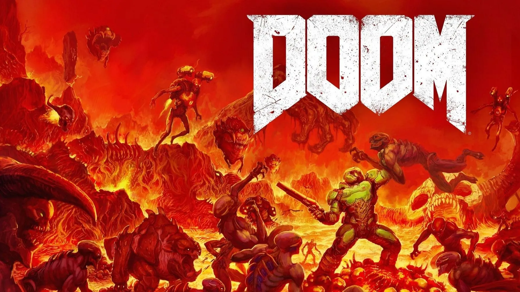 Hình ảnh từ game Doom: Các chiến binh chiến đấu với quỷ dữ trong địa ngục rực lửa.