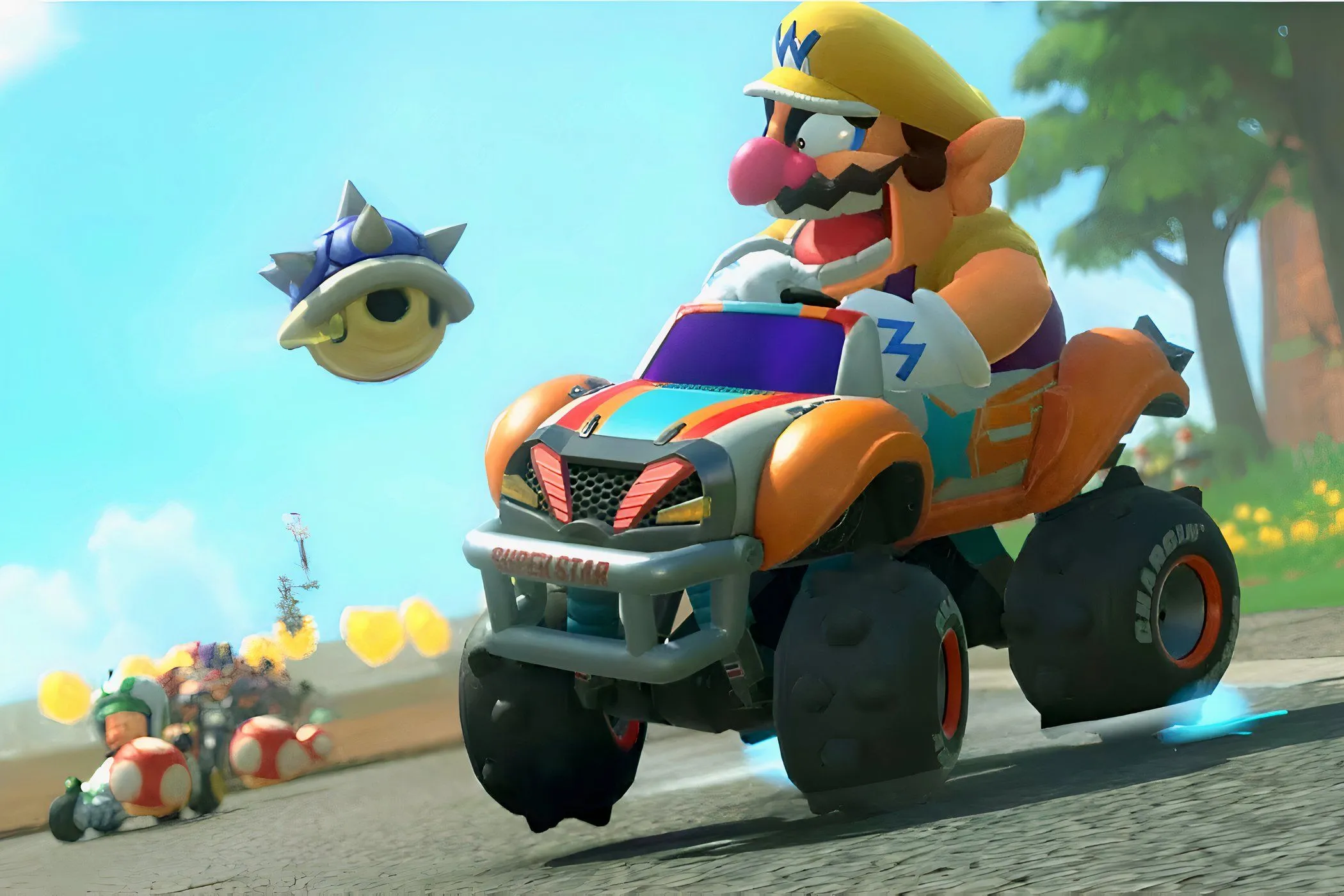 Hình ảnh từ Mario Kart World, Wario tức giận nhìn một mai rùa xanh đang bay về phía mình