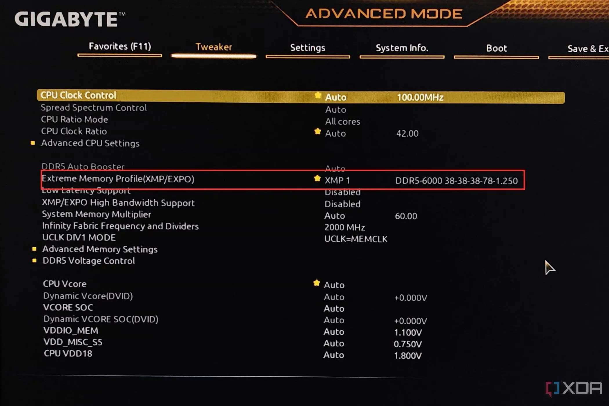 Hồ sơ XMP/EXPO được đánh dấu trong BIOS của bo mạch chủ Gigabyte, một cài đặt thường cần cấu hình lại sau cập nhật