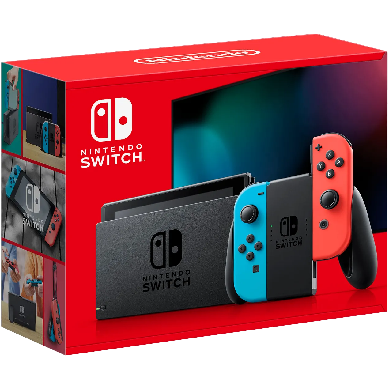 Hộp bán lẻ của máy Nintendo Switch phiên bản tiêu chuẩn với Joy-Con màu đỏ và xanh