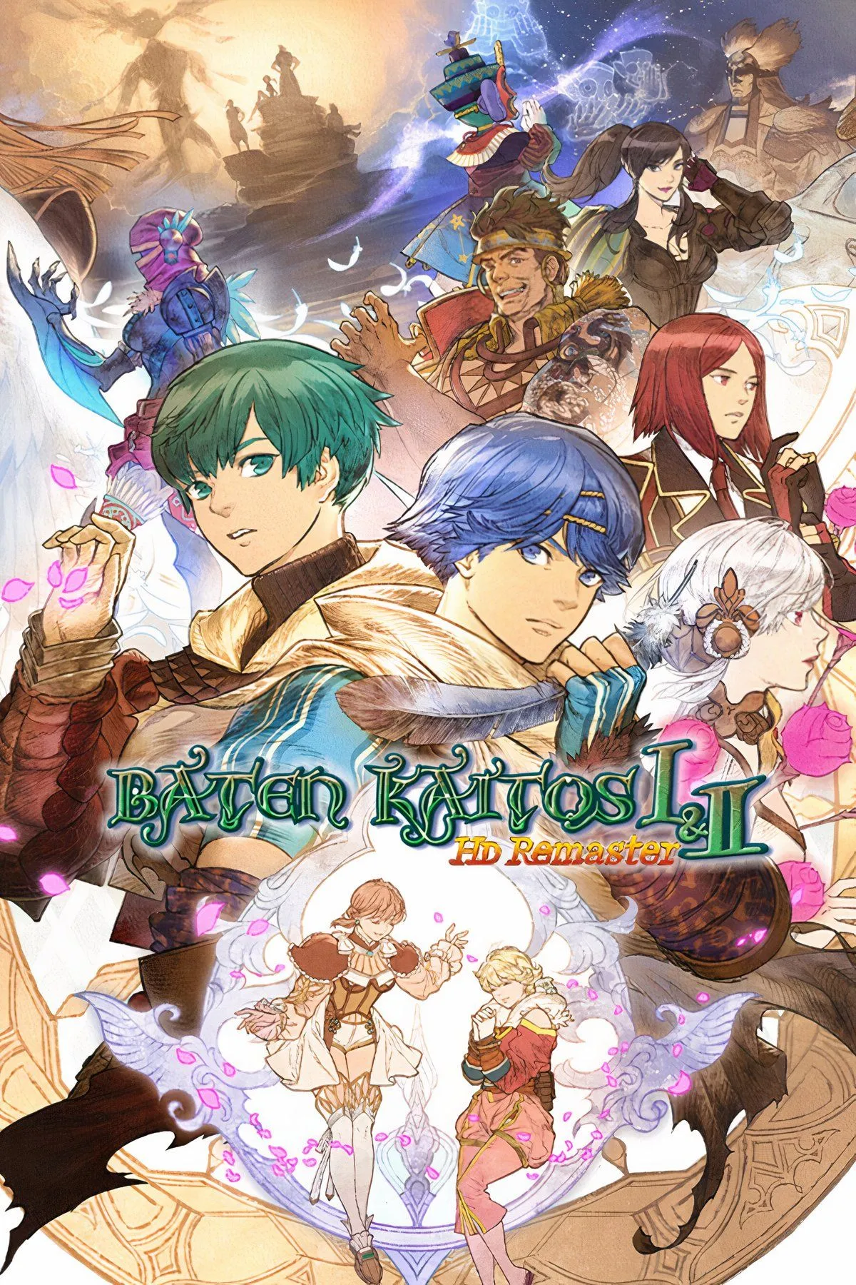 Hộp game Baten Kaitos I &amp; II HD Remaster với đồ họa anime tươi sáng, hiển thị hai nhân vật chính và bối cảnh các hòn đảo bay