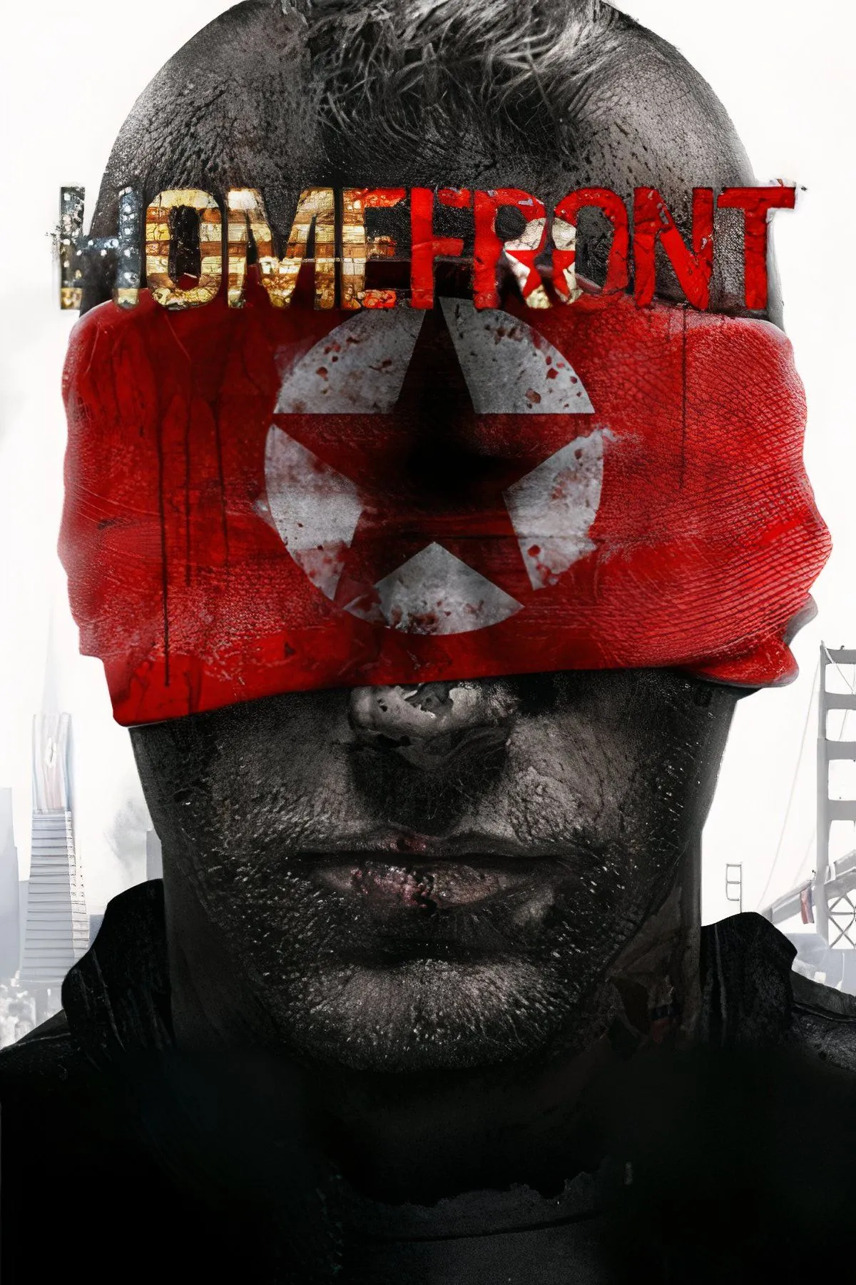 Hộp game Homefront hiển thị hình ảnh quân đội chiến đấu trong một khu đô thị bị chiến tranh tàn phá, với màu sắc tối tăm, căng thẳng