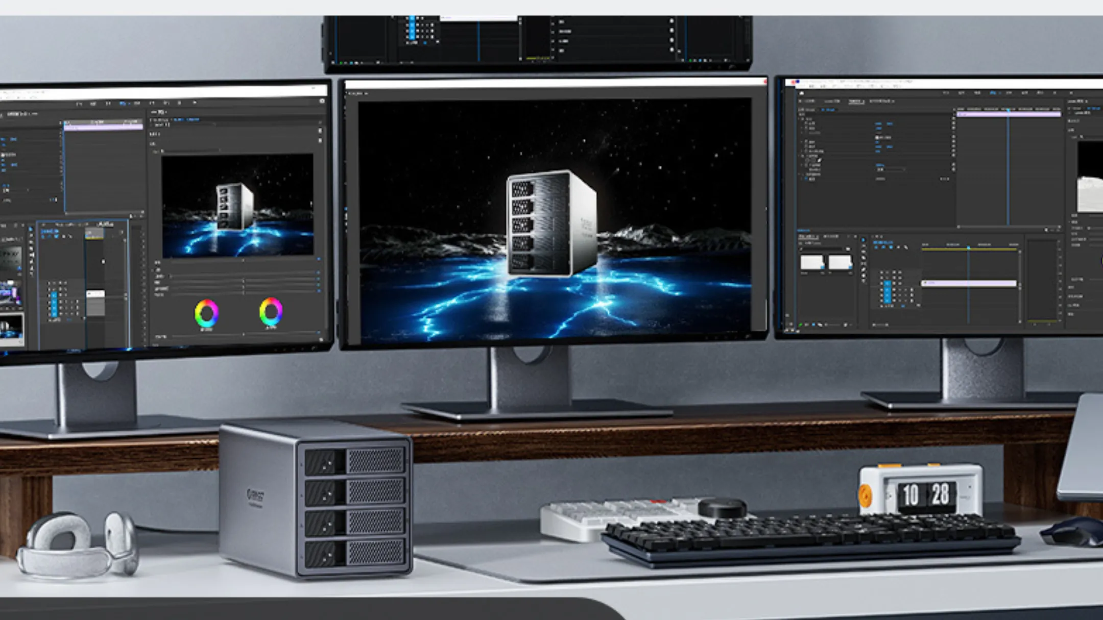 Hộp ổ cứng ORICO 4 khay với các đèn báo trạng thái, nút nguồn và cổng kết nối USB 3.0