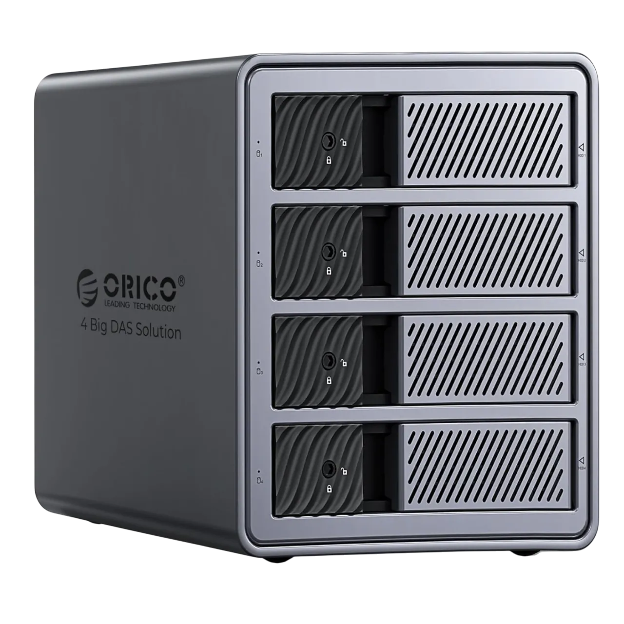 Hộp ổ cứng RAID ORICO 4 khay màu bạc, hiển thị các khe cắm ổ cứng và logo ORICO