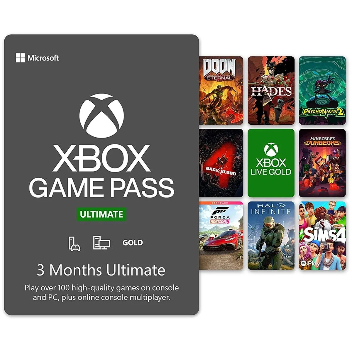 Hộp sản phẩm Xbox Game Pass Ultimate, nhấn mạnh quyền truy cập vào hàng trăm game trên console, PC và chơi game đám mây