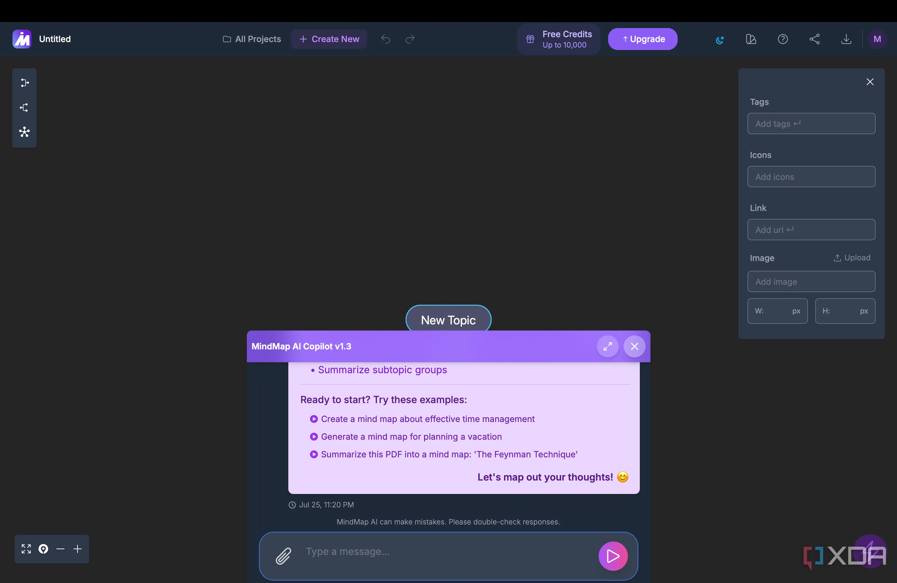 Hộp thoại AI Copilot của MindMap AI, nơi người dùng tương tác để tạo và tùy chỉnh sơ đồ tư duy.