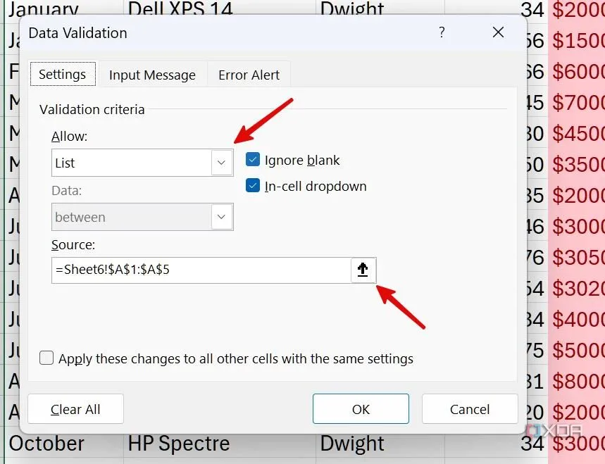 Hộp thoại &quot;Data Validation&quot; trong Excel, thiết lập &quot;Allow&quot; là &quot;List&quot; và chọn nguồn dữ liệu cho danh sách.