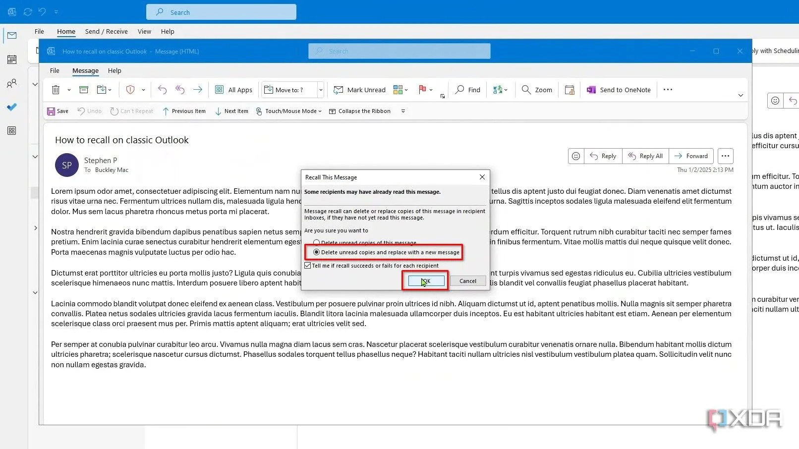 Hộp thoại hỏi về việc xóa hoặc xóa và thay thế email trong Classic Outlook