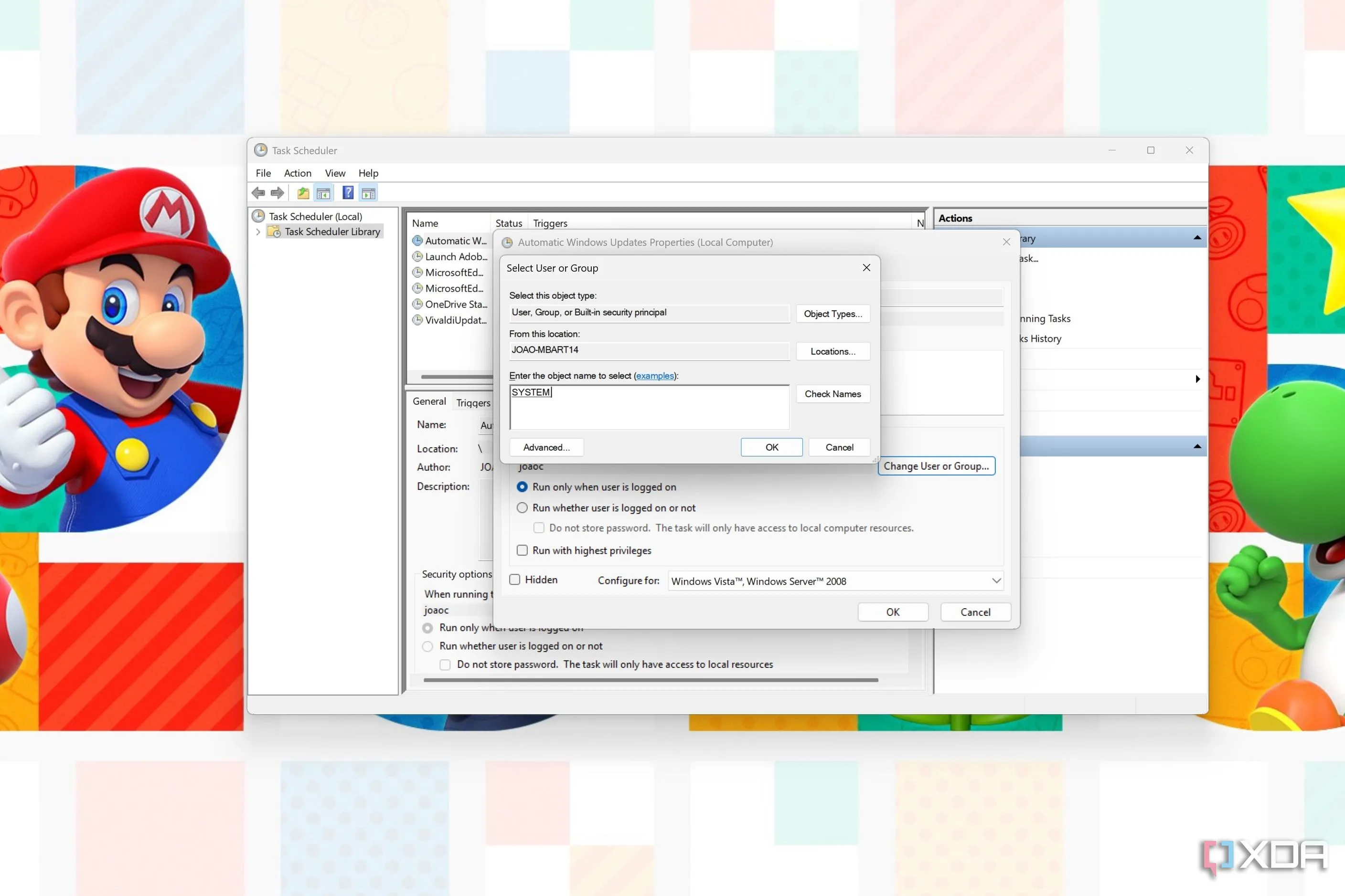 Hộp thoại lựa chọn người dùng trong Task Scheduler, với trường văn bản để nhập tên người dùng và nút Check Names