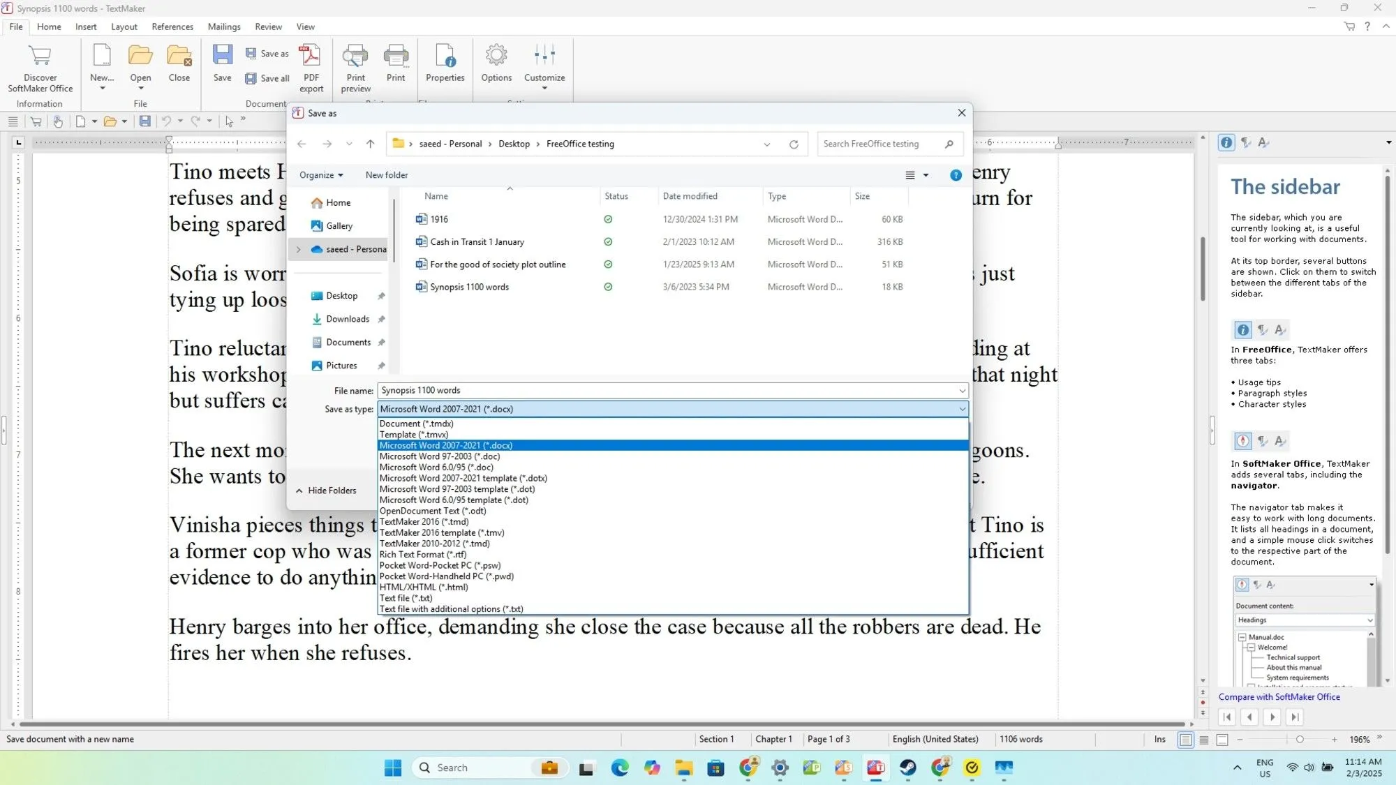 Hộp thoại lưu file trong FreeOffice, minh họa khả năng tương thích với các định dạng Microsoft Office phổ biến