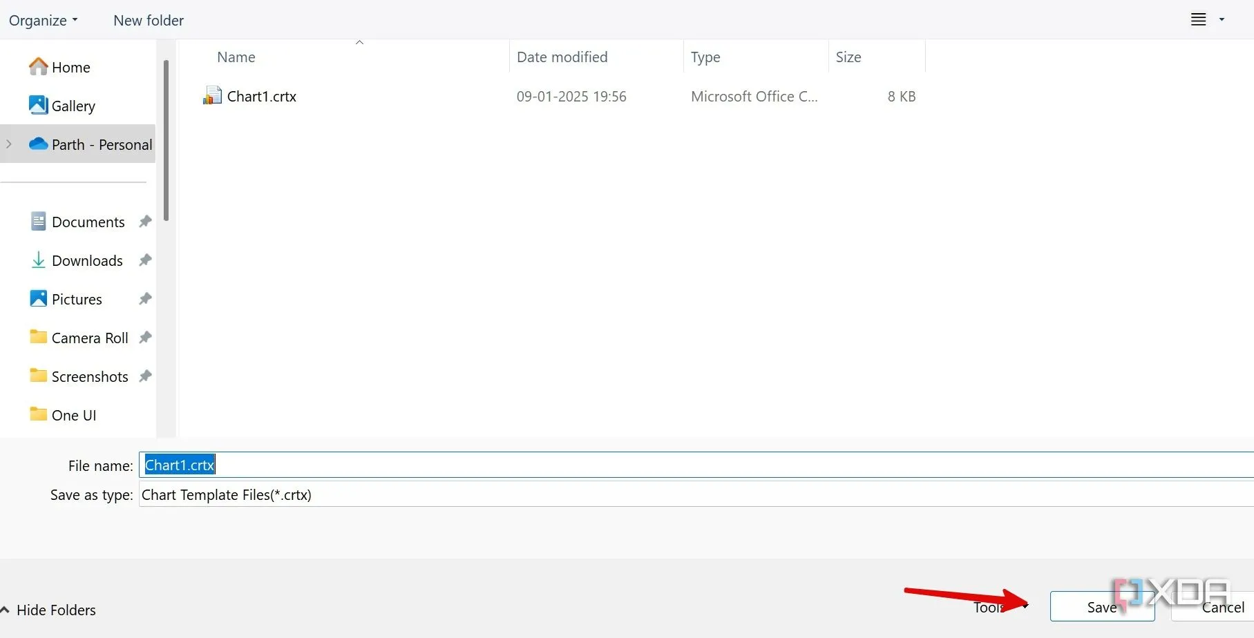 Hộp thoại lưu tệp mẫu biểu đồ Excel với định dạng và bố cục đã tùy chỉnh