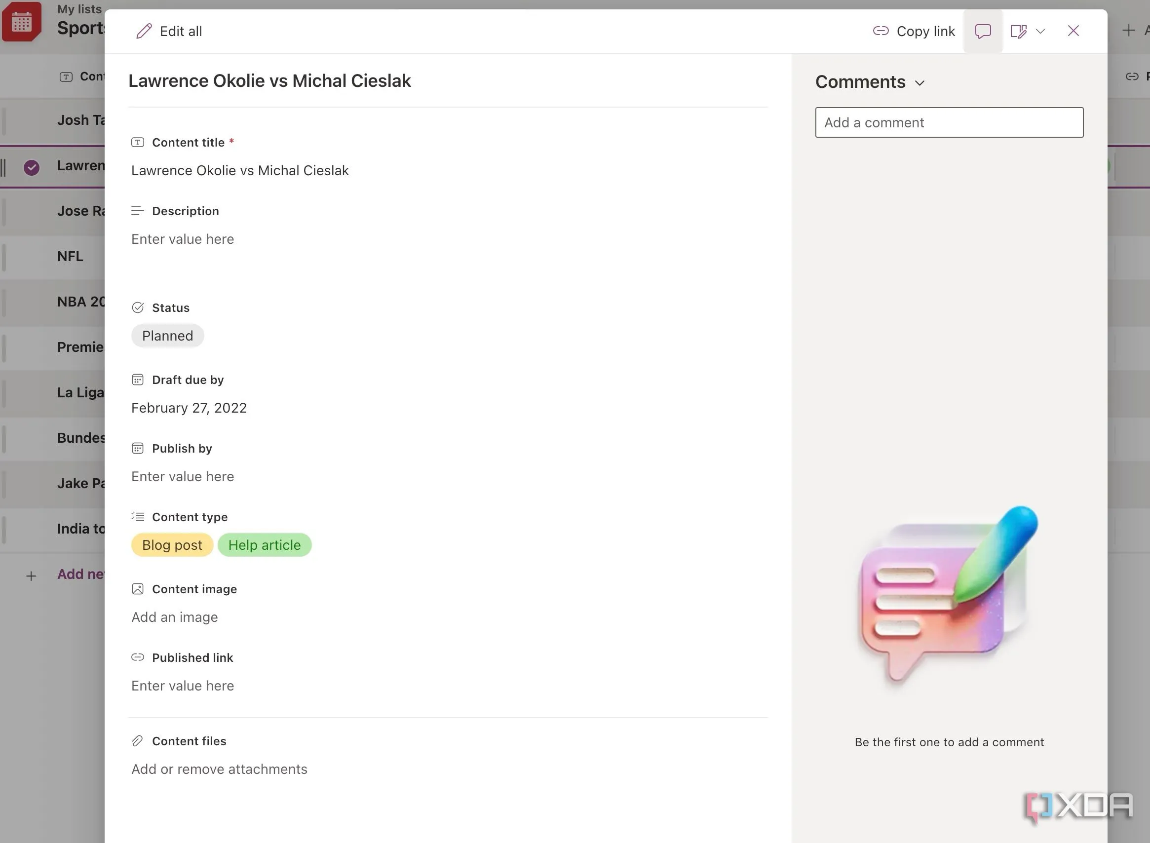 Hộp thoại nhập chi tiết cho một nhiệm vụ trong Microsoft Lists, hiển thị các trường thông tin của cột