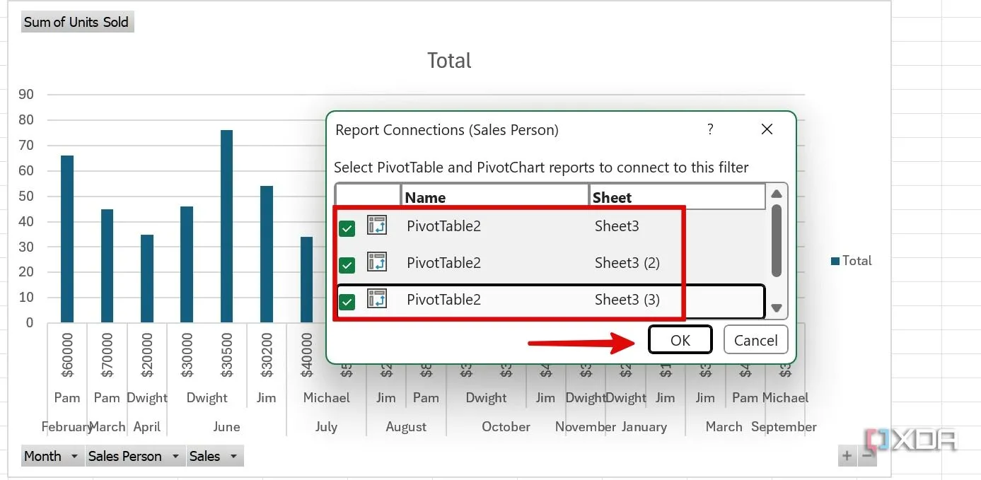 Hộp thoại Report Connections cho phép chọn các biểu đồ để Slicer tác động lọc dữ liệu