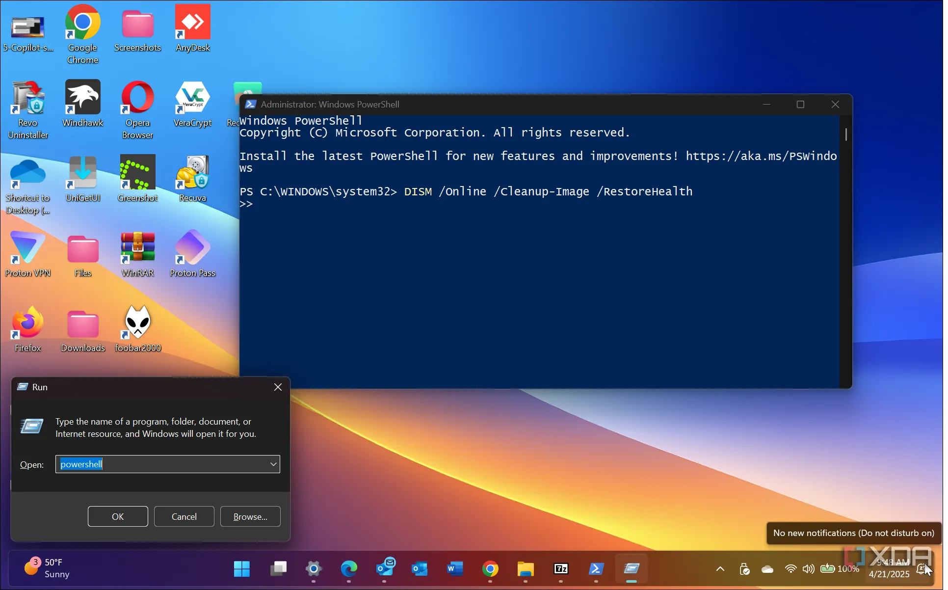 Hộp thoại Run trên Windows với lệnh PowerShell, minh họa cách dùng Ctrl+Shift+Enter để chạy với quyền quản trị viên.
