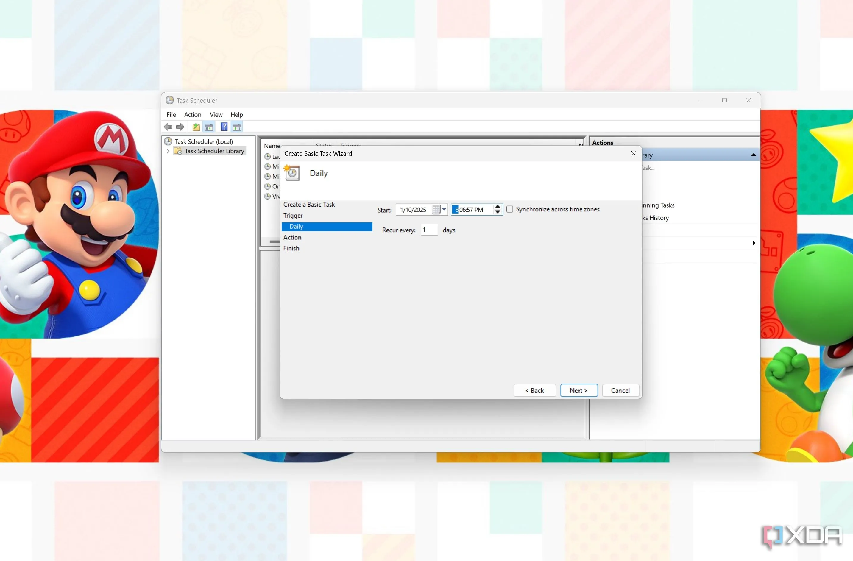 Hộp thoại tạo tác vụ mới trong Task Scheduler, hiển thị cài đặt thời gian và ngày chạy tác vụ lần đầu
