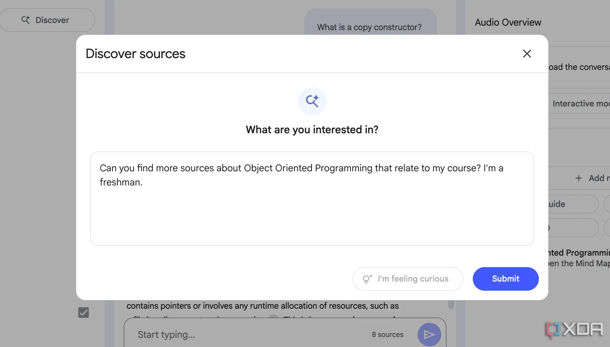 Hộp văn bản tính năng Discover Sources của NotebookLM 