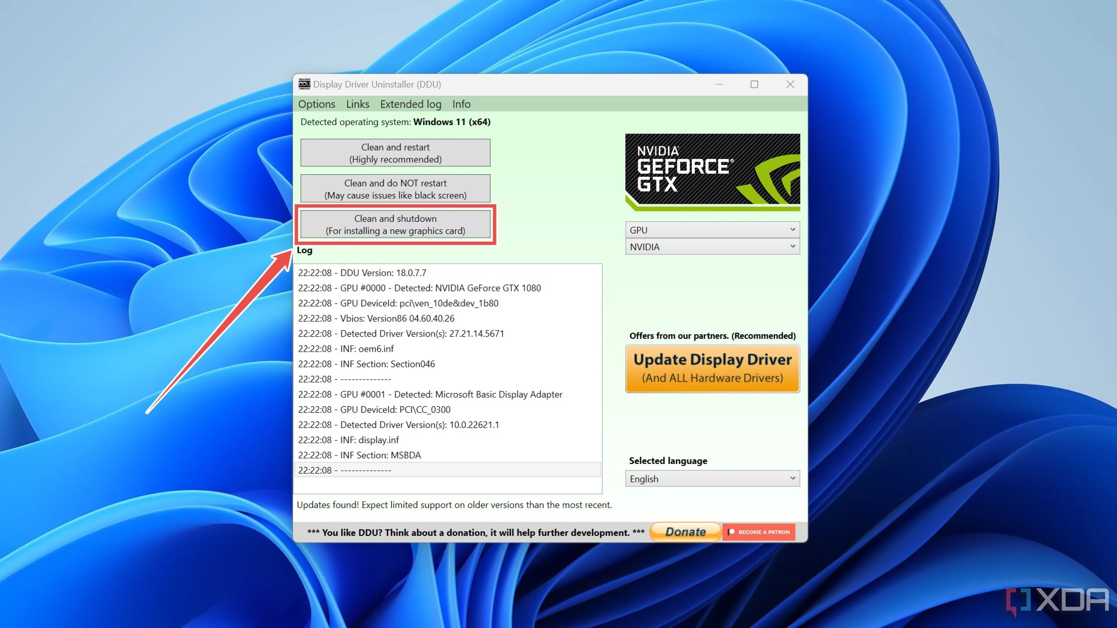 Hướng dẫn chọn "Clean and shutdown" trong phần mềm DDU để gỡ driver GPU