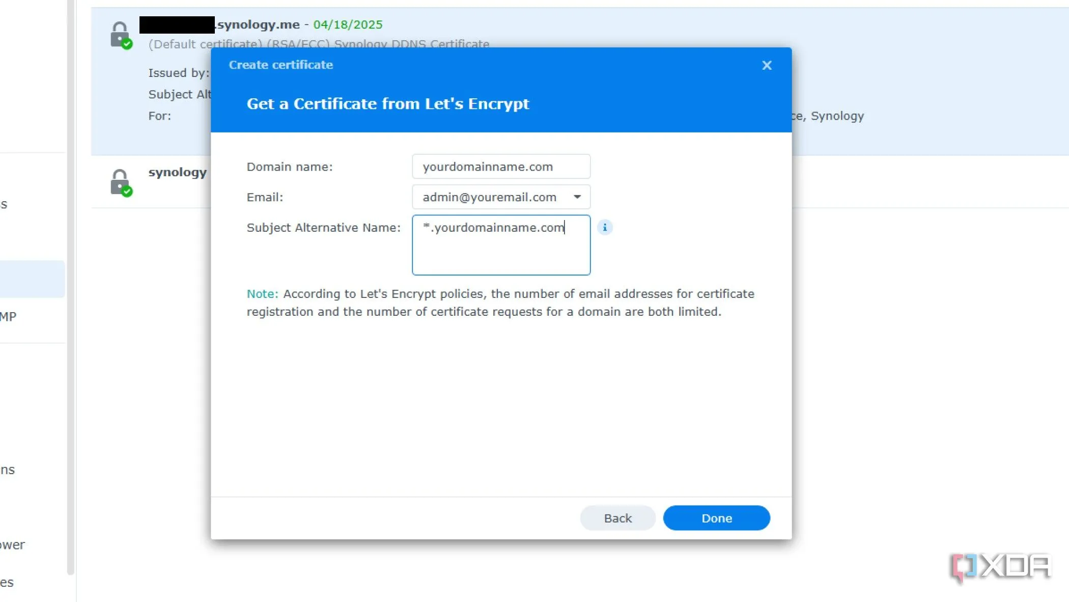 Hướng dẫn điền thông tin để tạo chứng chỉ SSL Wildcard trên Synology NAS, bao gồm hostname và email.