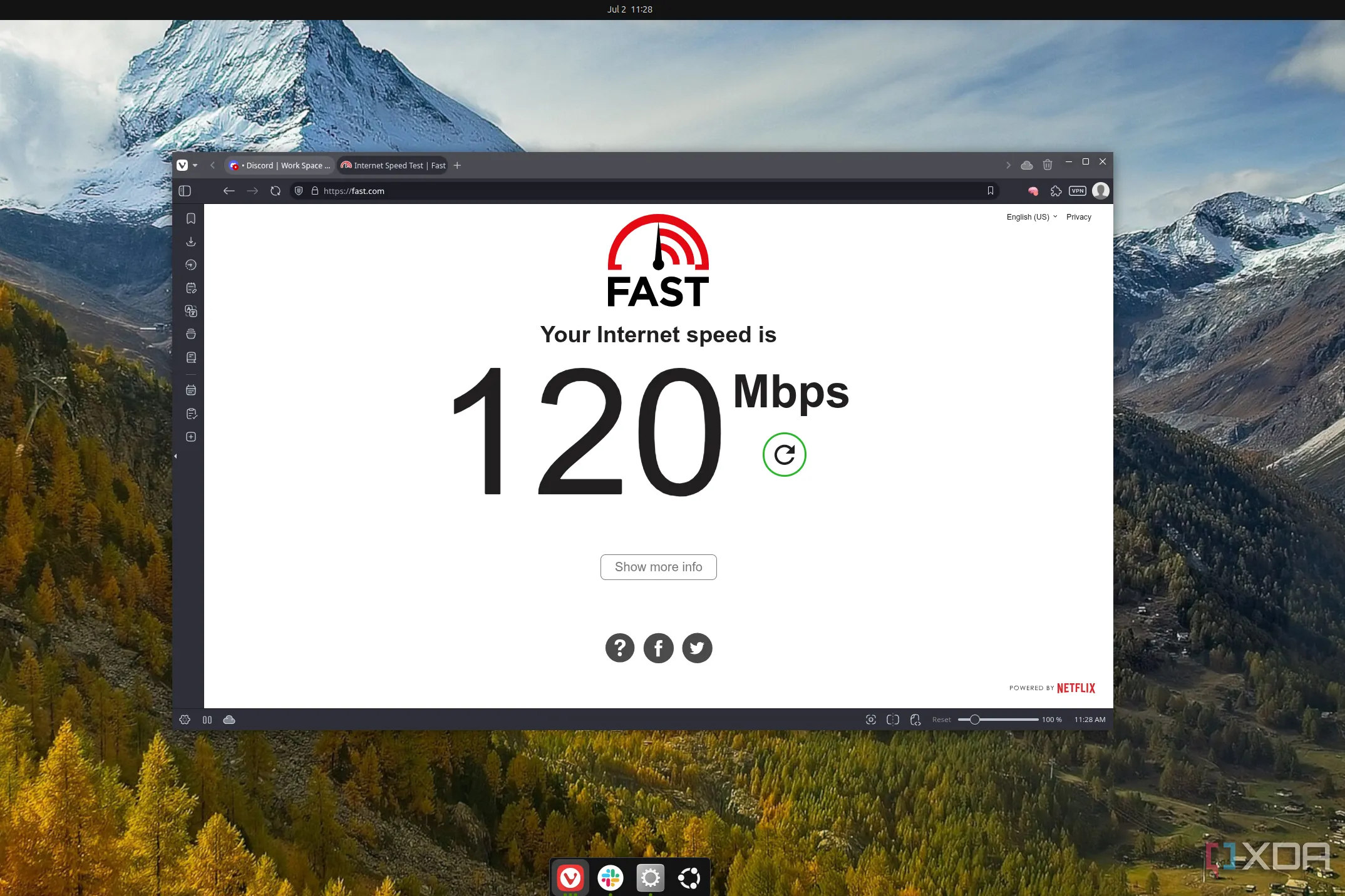 Kết quả kiểm tra tốc độ mạng 120Mbps trên fast.com với trình duyệt Vivaldi chạy trên Ubuntu, cho thấy hiệu suất cải thiện